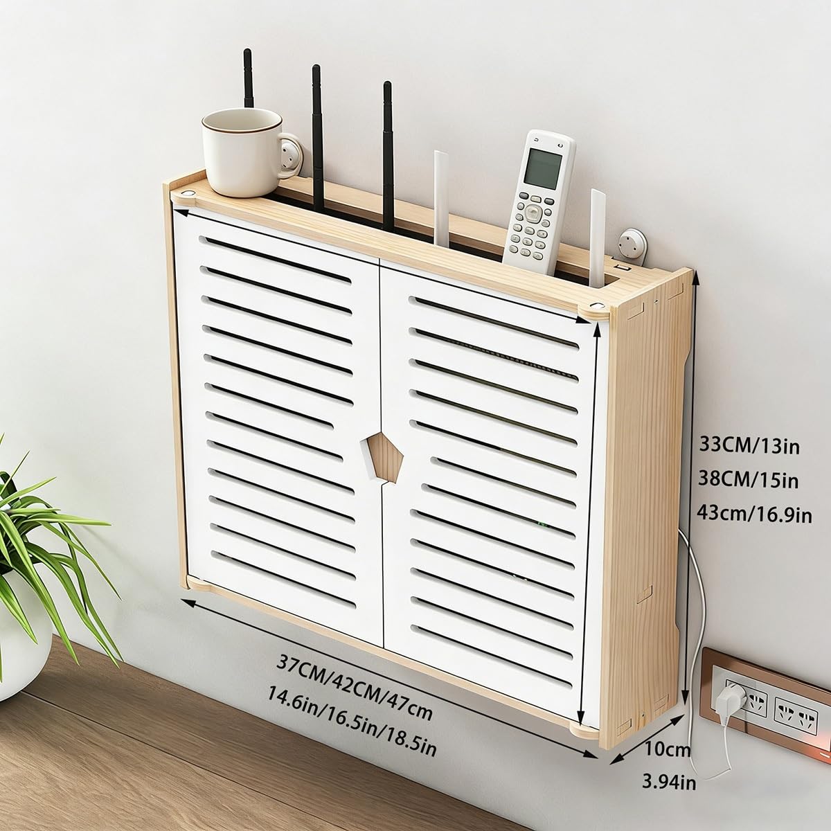 Organisateur de routeur Mural，Support WiFi en Bois avec Dissipation Thermique, Gestion de câbles et sans perçage pour Modem, décodeur TV, Salon(42x38CM16.5x15in)