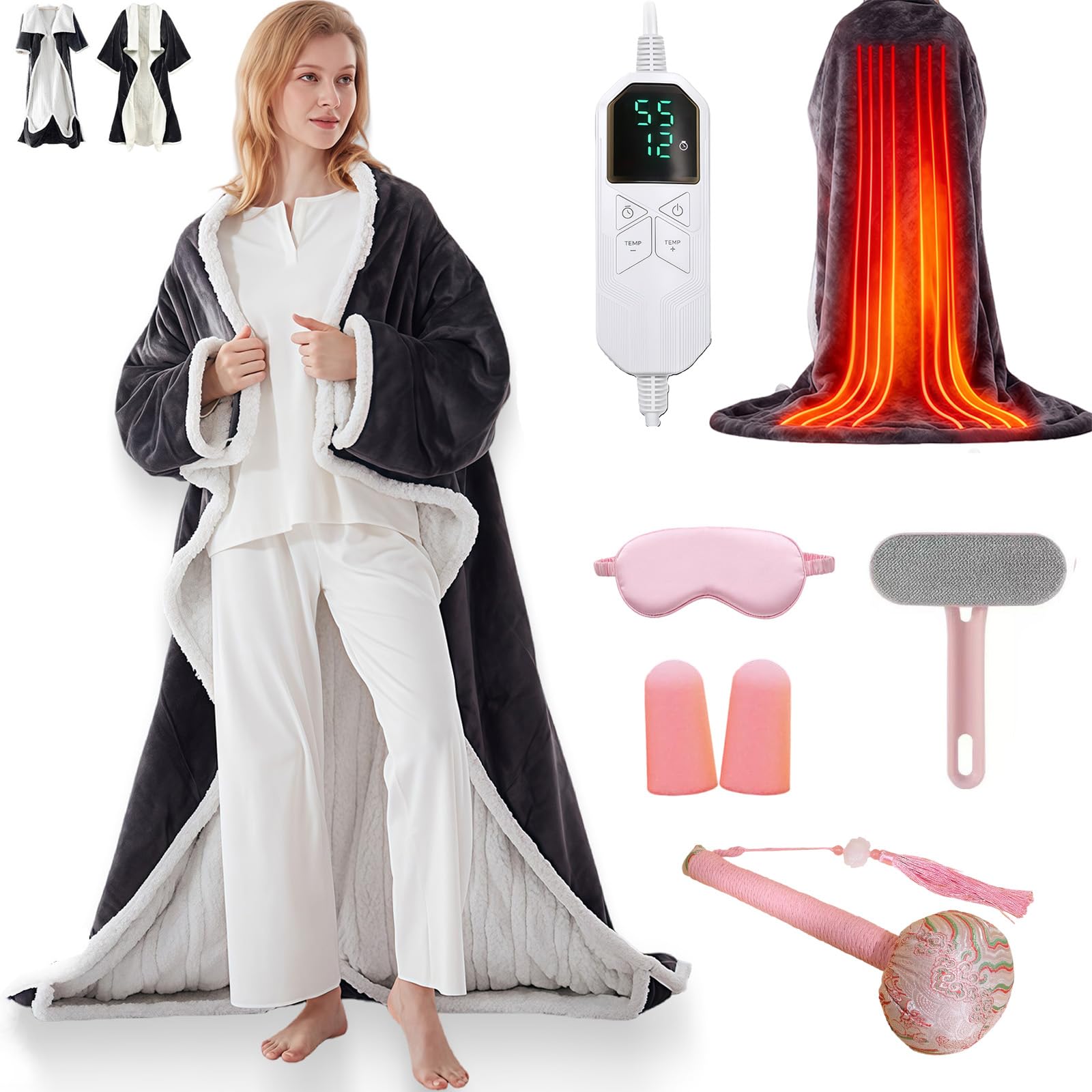 Beheizte Decke,USB Heated Blanket,tragbare beheizte Decke mit Ärmeln und Fußtasche mit 6 einstellbaren Heizstufen, schnelles Aufwärmen, Familie und (with feet)