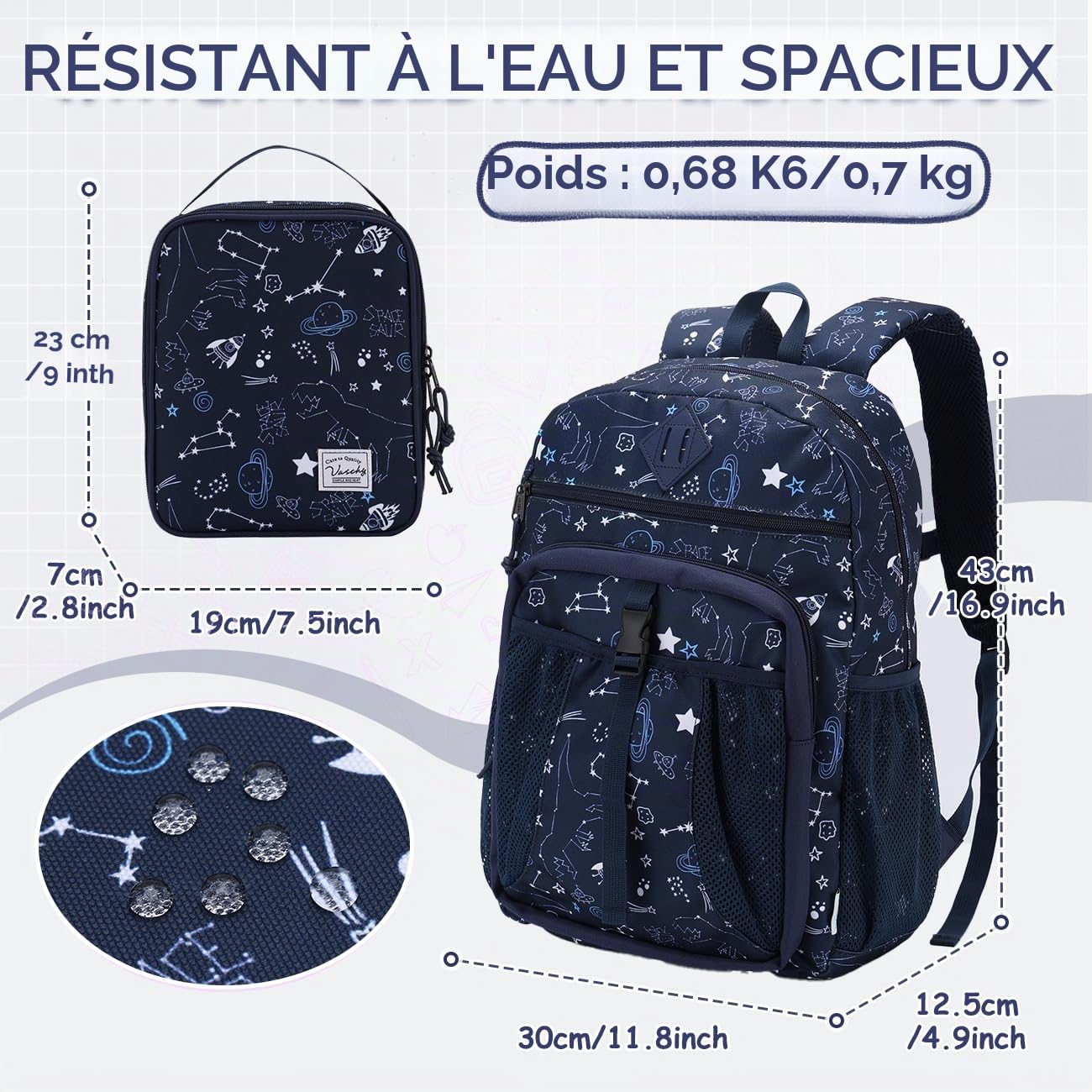 VASCHY Cartable Fille Garçon Primaire, Poches Multiples 2 en 1 Set de Sac à Dos Enfant Scolaire 6 à 9 Ans Grande Capacité Sac d'École avec Sac Repas pour Voyage Randonnée Univers Bleu