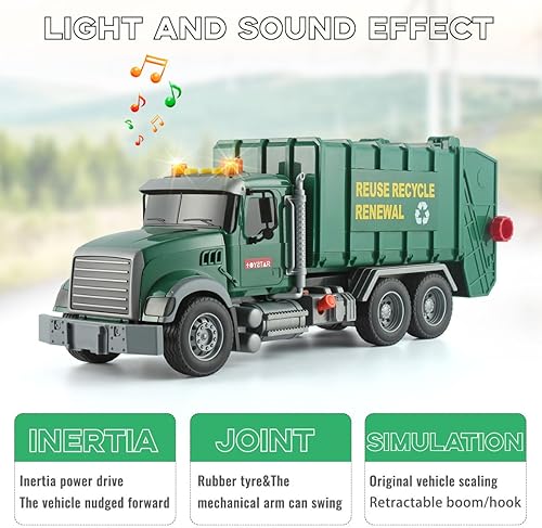 Miniatura 7 de CSDCSD Camión de basura grande de 15 pulgadas, camión de basura de gestión de residuos alimentado por fricción con luces y sonidos, 3 botes de