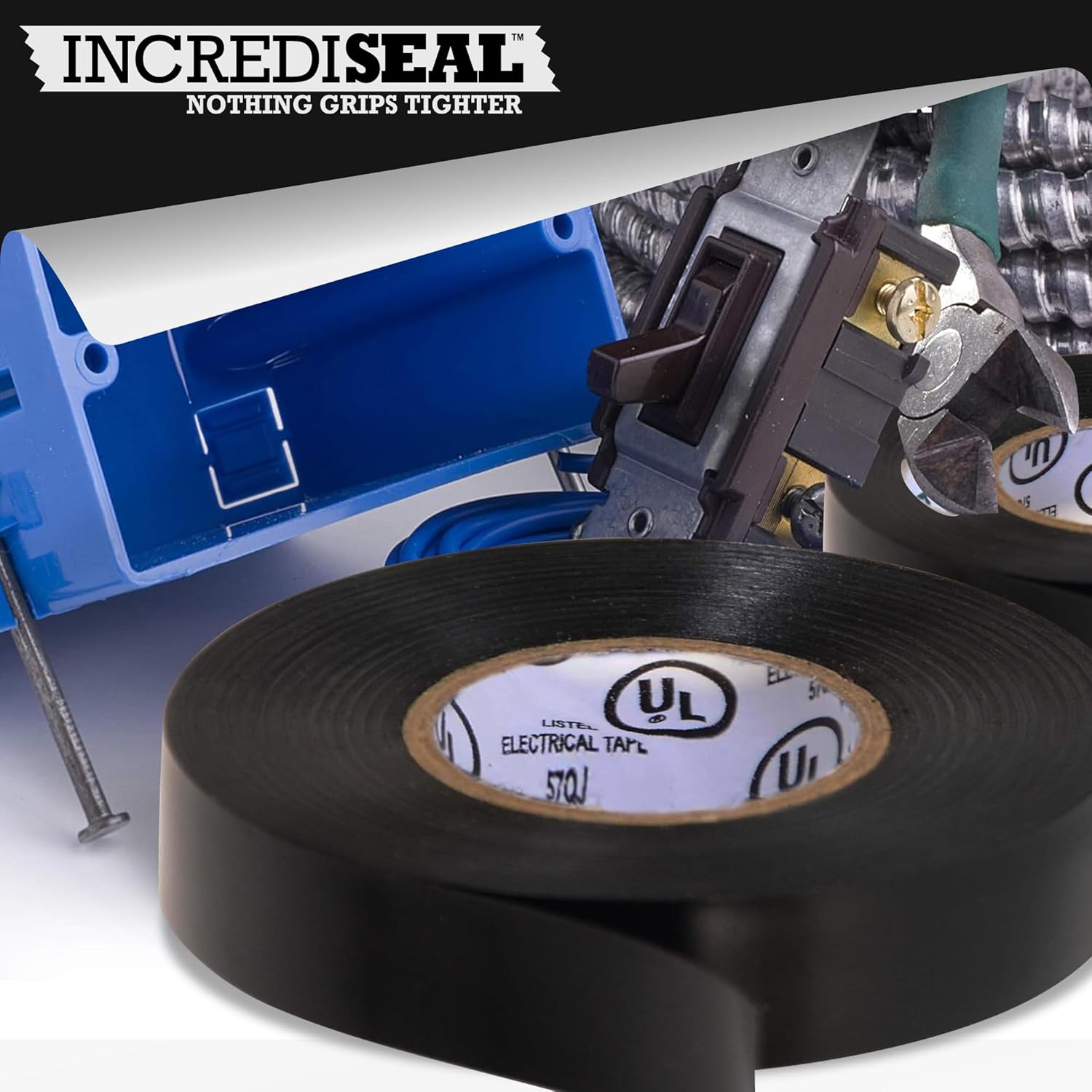 IncrediSeal Black 3/4“ PVC Electrical Tape, 20 Yds, 7.0 Mil, Commercial, Water Resistant, Flame Retardant, Plastic, Vinyl, UL Approved, 600V (10 Rolls)