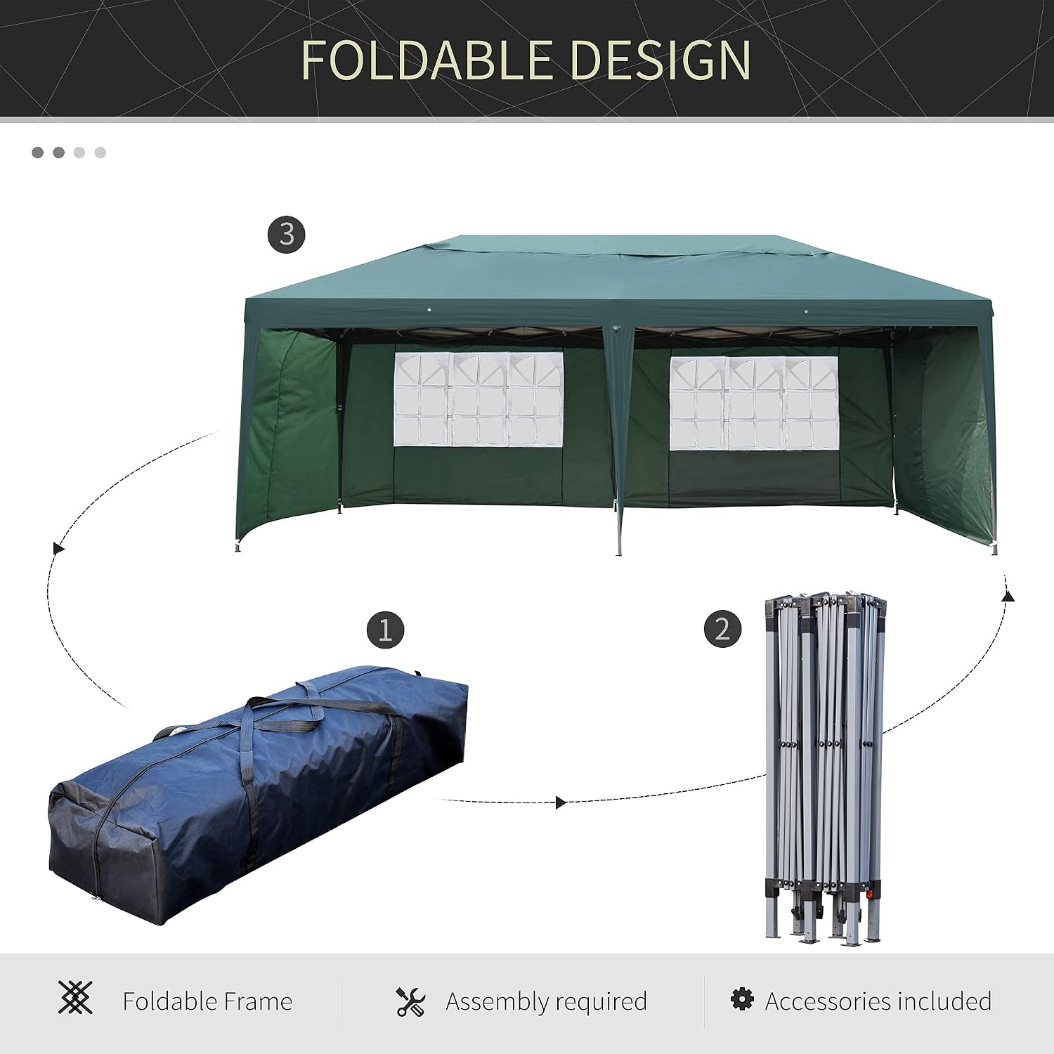 Outsunny 10' x 20' Pop Up Canopy Tent with 4 Sidewalls, Heavy Duty Tents for Parties, Outdoor Instant Gazebo with Carry Bag, for Outdoor, Garden, Patio, Green