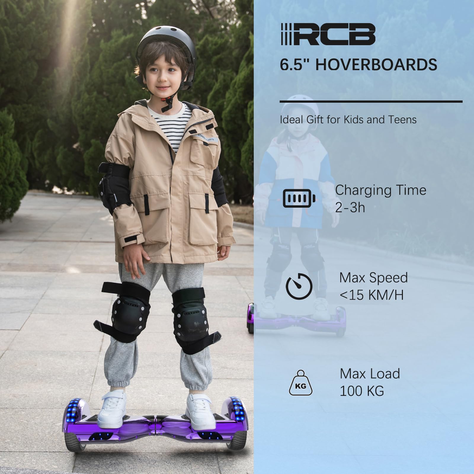 RCB Hoverboard dla dzieci i dorosłych, 6,5", segwayi z Bluetooth, głośnik, kolorowe światła LED, prezent dla dzieci i nastolatków