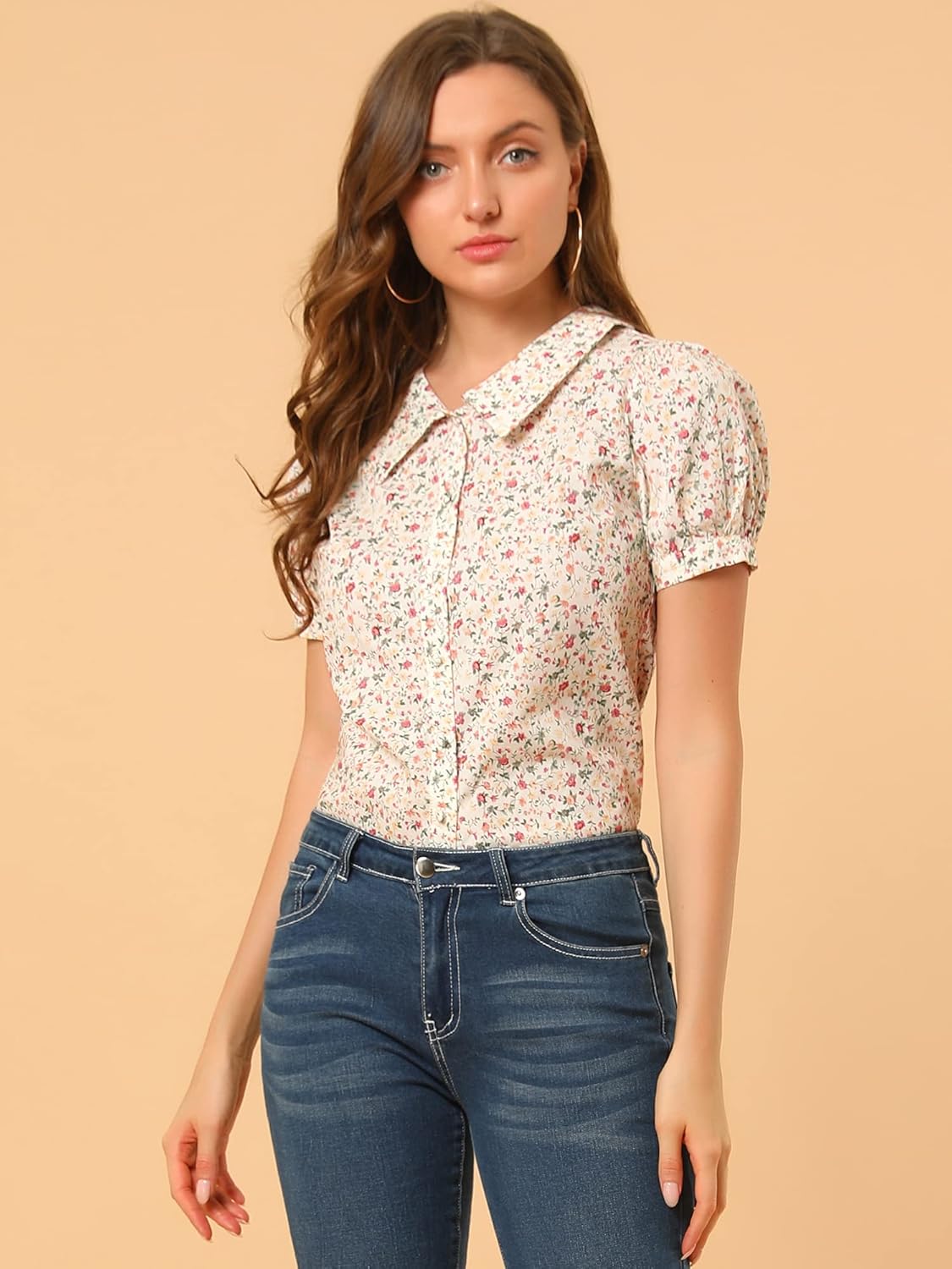 Allegra K Women's Summer Shirt Top Puff Short Sleeve Point Collar Button Down Floral Blouse - Image 2