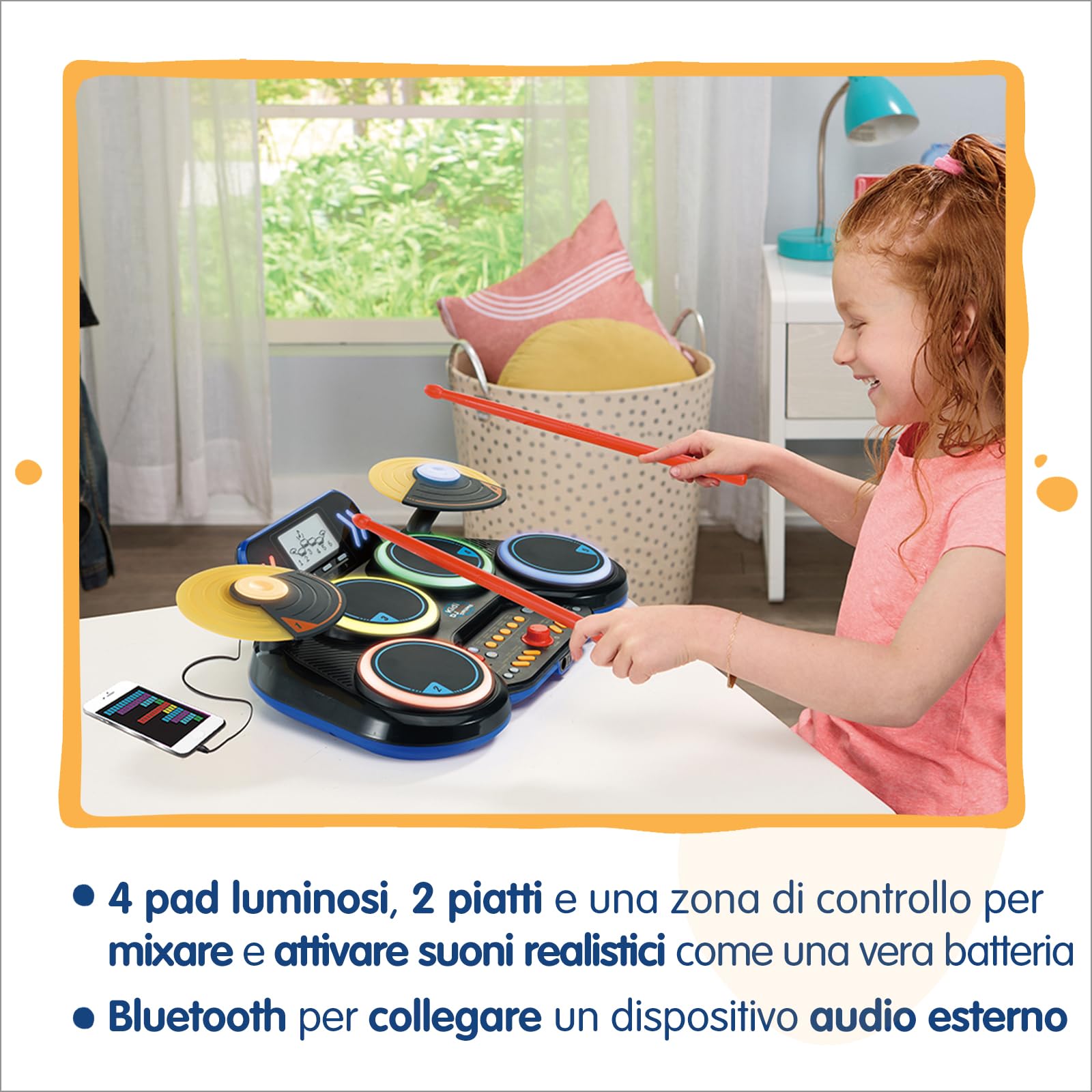 VTech Kidi DJ Drums, Batteria Elettronica per Bambini con Pad Luminosi, Giochi Musicali, Modalità Bluetooth e Microfono Integrato, Bacchette Incluse, Lingua Italiana, Batterie Incluse, 6+ Anni