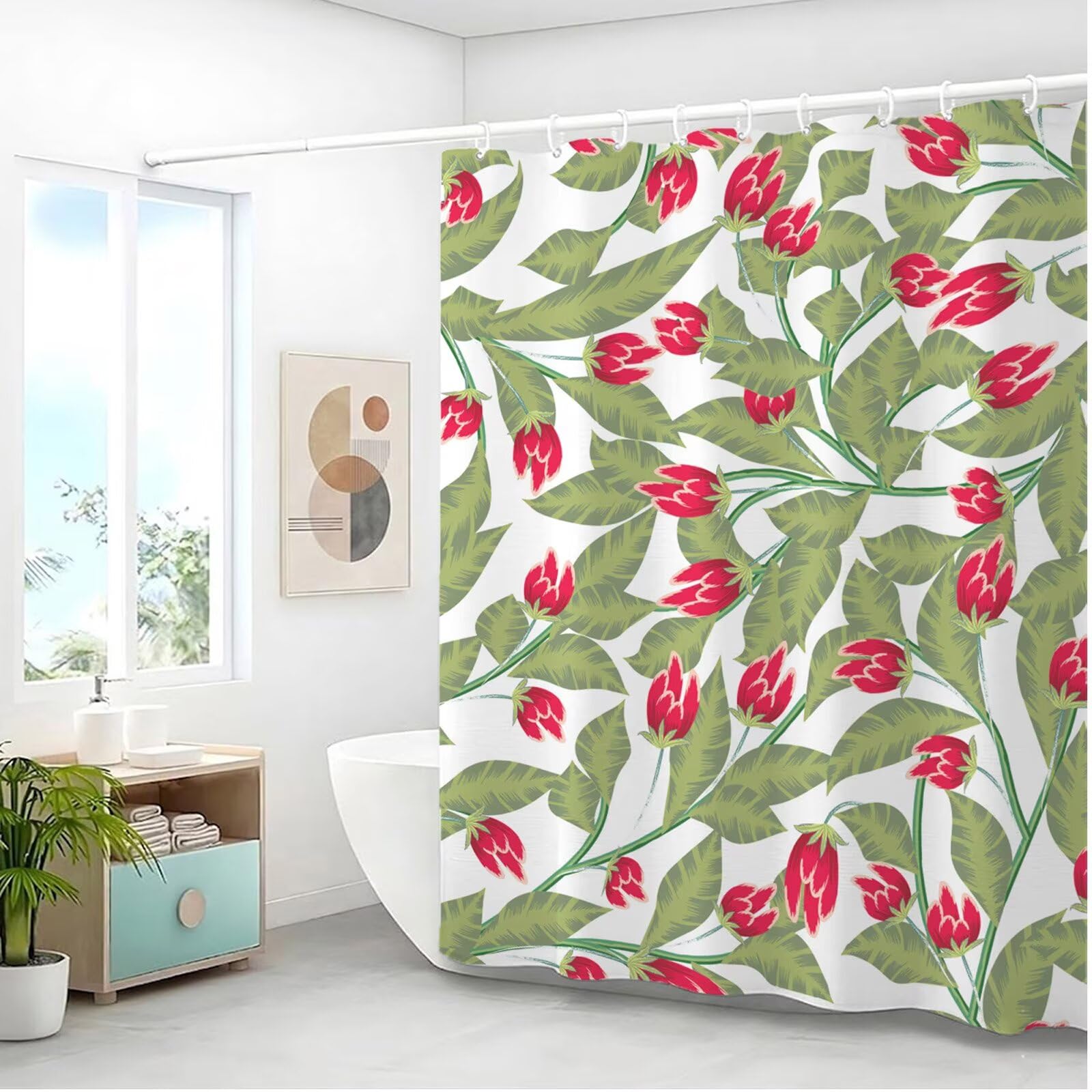 Duschvorhang 240x200 cm Anti Schimmel - Grün Design - Wasserdicht & Waschbar Schnelltrocknender Polyester Stoff - Inkl. 12 Ringe und Gewicht Shower Curtain für Badezimmer Dusche Badewanne, Weiß J8-449