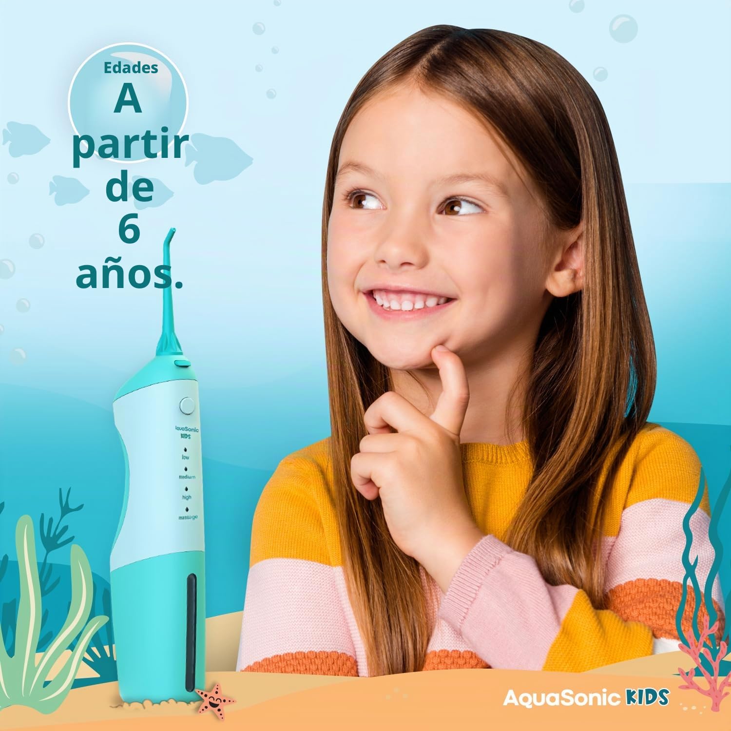 AquaSonic Hilo dental de agua para niños a partir de 6 años | Boquilla estándar, boquilla de ortodoncia y calcomanías impermeables | 4 modos de hilo dental | Tema de aventuras de acuario