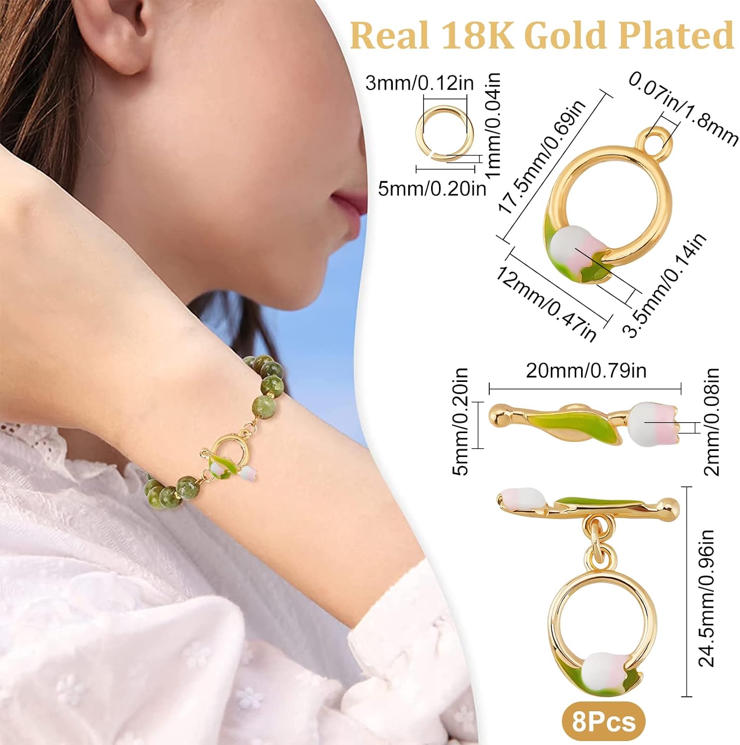 Beebeecraft 8 Sets Toggle Clasps Enamel 18K Gold Plated Brass Flower Bracelet Toggle Clasps Tulip T Bar for Necklace Bracelet Making