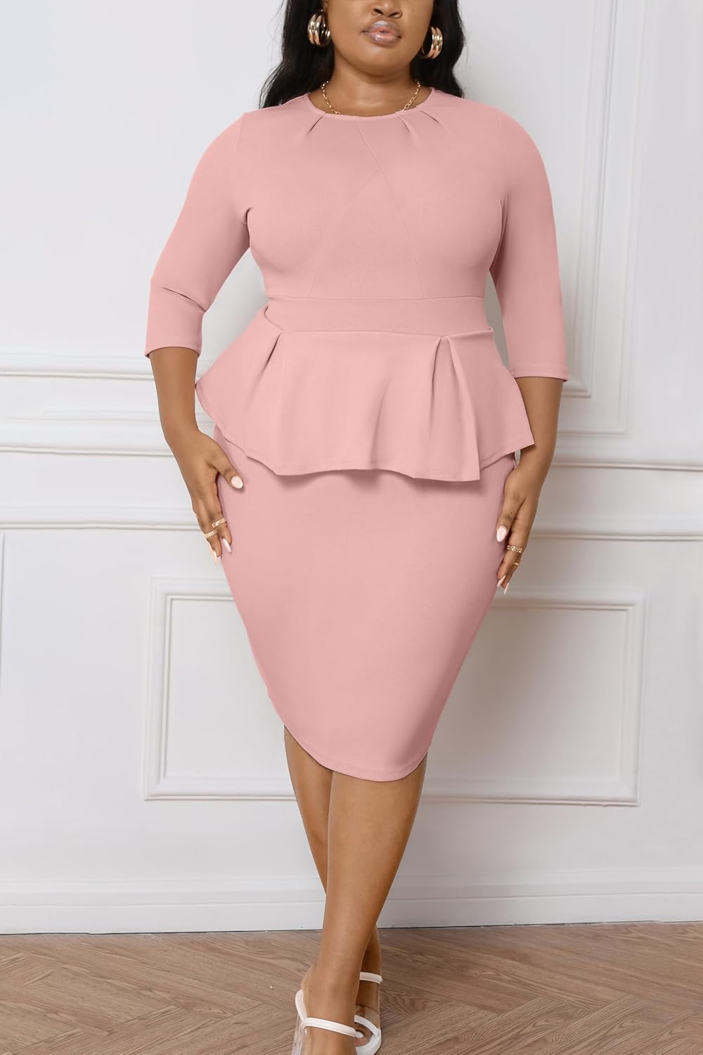 Runwind Womens Plus Size Dress - Work Business Professional Office Vintage Peplum 3/4 Sleeve Pencil Dresses - Image 4