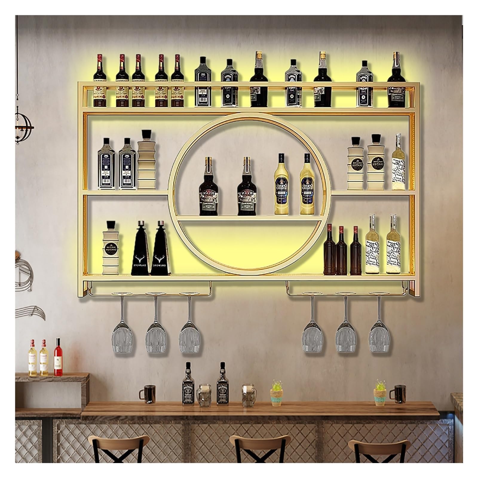 Casier à vin mural à LED de style porte-bouteilles en métal doré