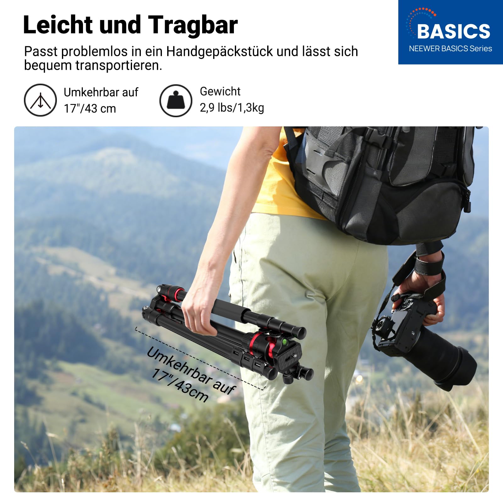 NEEWER Basics 72" / 182cm Reisestativ Einbeinstativ kompakter Leichter tragbarer Kamera Stativ Ständer für Aufnahmen, Arca Typ Kugelkopf, Handyhalterung kompatibel mit iPhone, max. Last 6kg, TP14B