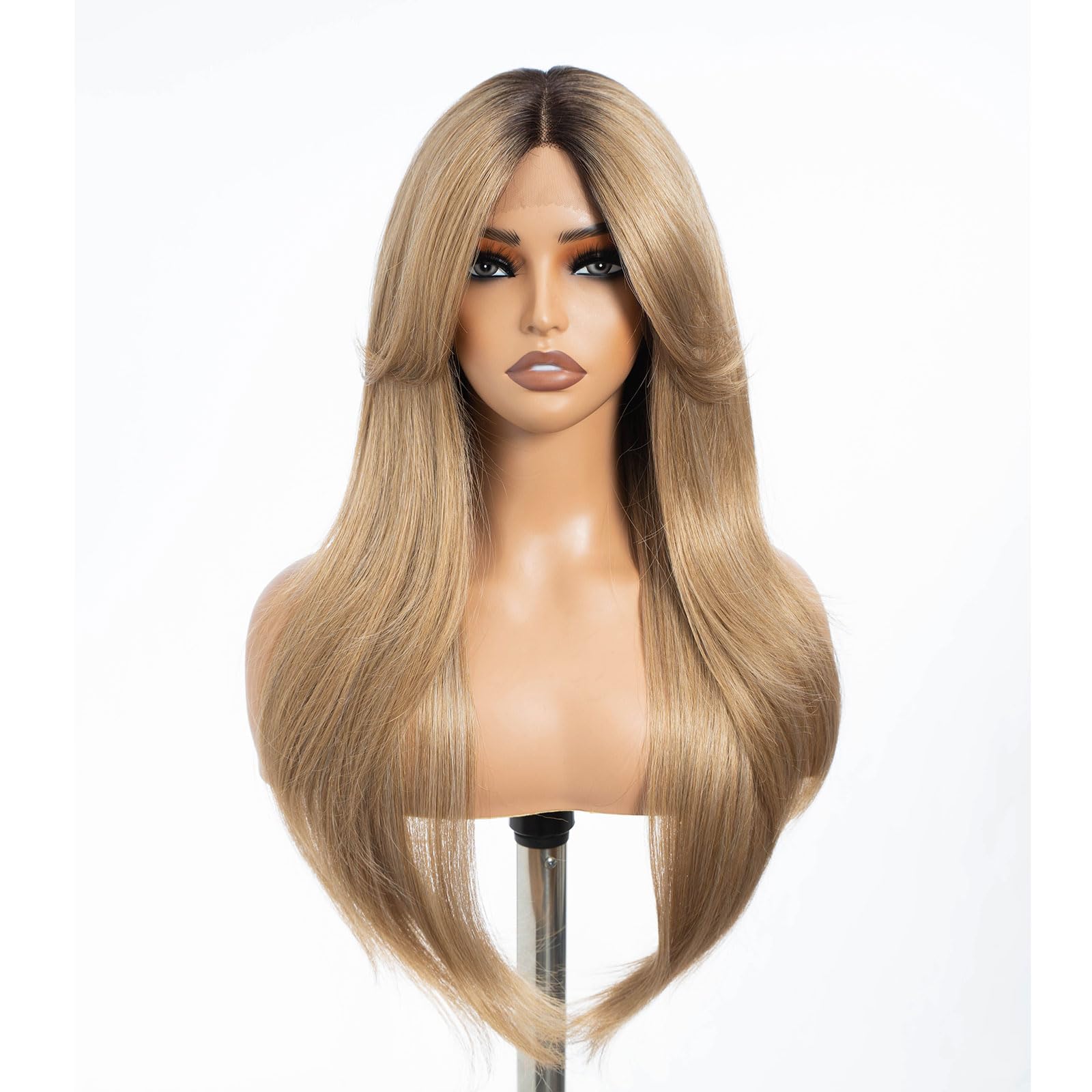 DÉBUT Synthetic Lace Front Wigs with Curtain Bangs, Ombre Blonde Long Straight Layered Wigs with Bangs, Middle Part with Natural Hairline Lace Front