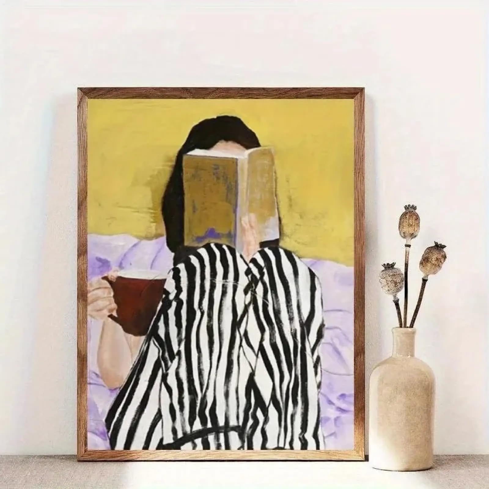 Tableau femme lisant un café rayures vertes 60x80cm - 6
