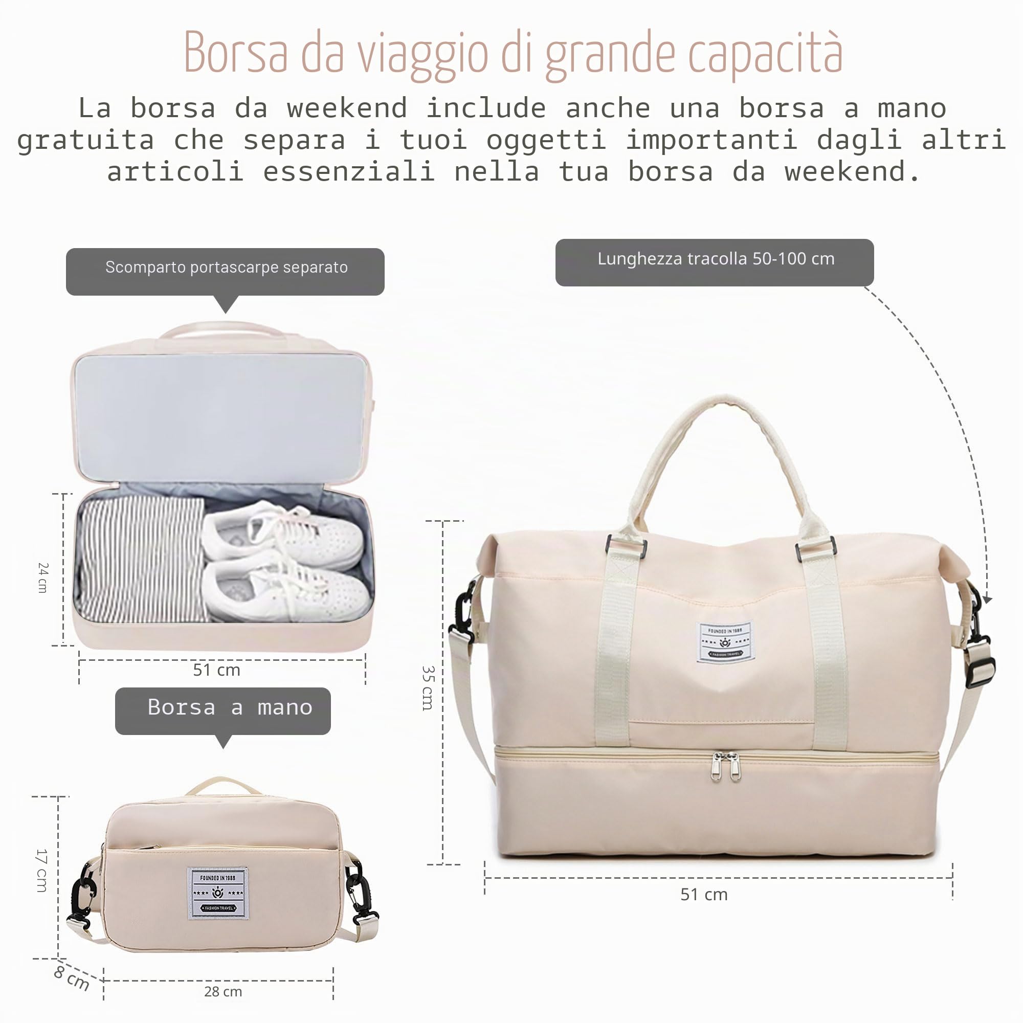 Borsoni Borsone da Viaggio Donna Borsa Palestra Bagaglio a Mano Borsa da Viaggio Sportiva Tote Gym Borsa Ospedaliera Capacità Grande Impermeabile Pieghevole per Uomo e Donna (Beige)
