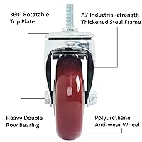 Vista 2 de Finnhomy Ruedas giratorias con vástago roscado de 4 pulgadas, juego de 4 ruedas resistentes de 3/8"-16 x 1 con freno, ruedas industriales de bloqueo