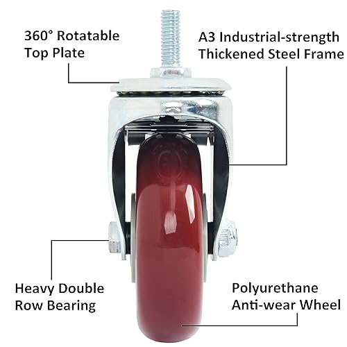 Miniatura 2 de Finnhomy Ruedas giratorias de 4 pulgadas, juego de 4 ruedas de vástago roscado de alta resistencia de 38"-16" x 1" con freno de poliuretano ruedas