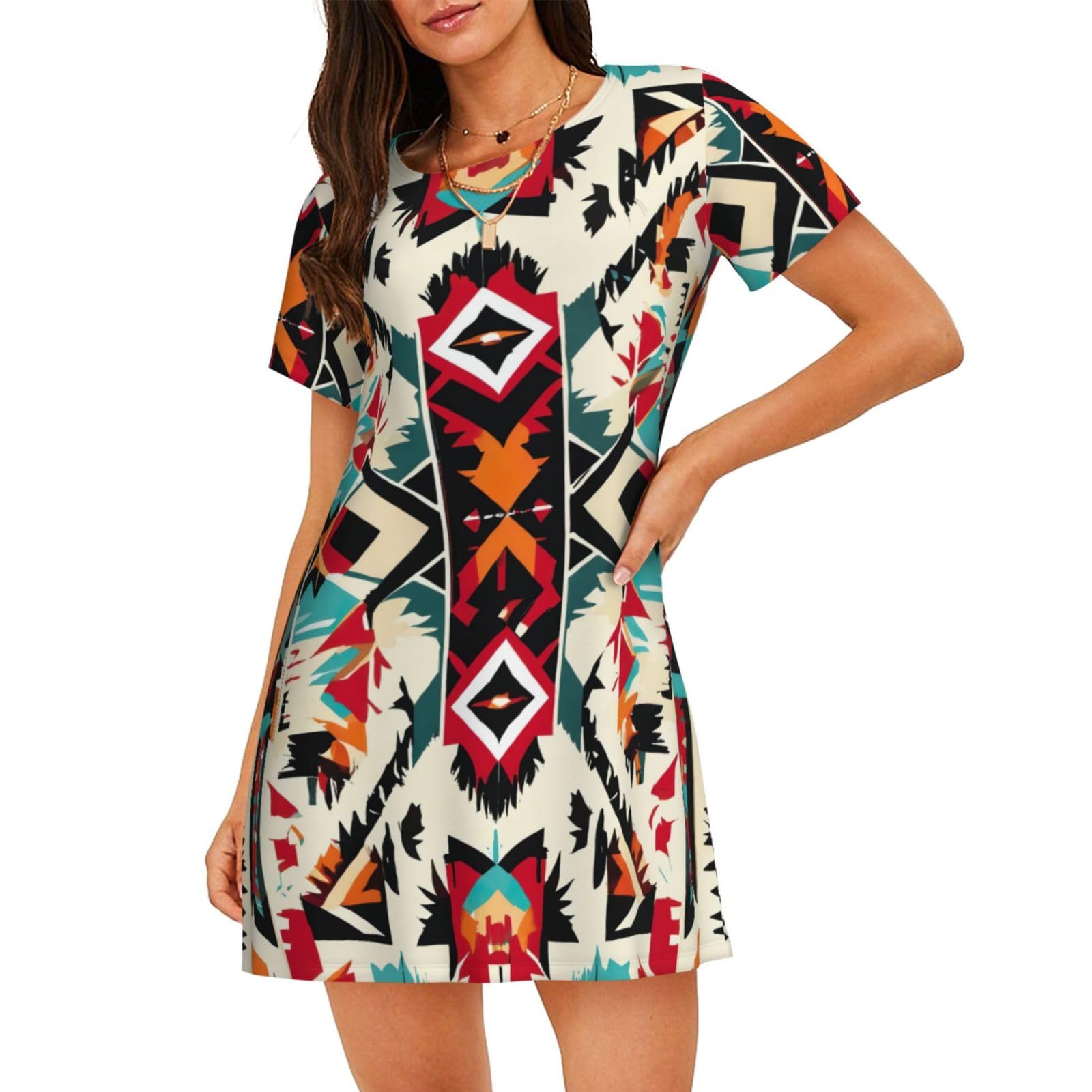 UVBDF Native American Pattern Womens Short Sleeved Nightshirts,Ladies Loose Round-Neck Sleepwear Pajama Dress Black