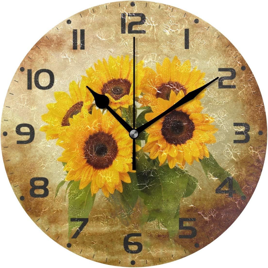 Pfrewn Wall Clock Retro Sunflower Palm Leaf Clock Silent Non Ticking Round Wall Clocks Battery Operated Decor,Floral Daisy Clocks 10 Inch Quartz Analog Quiet Desk Clock Bedroom Living Room for Kids