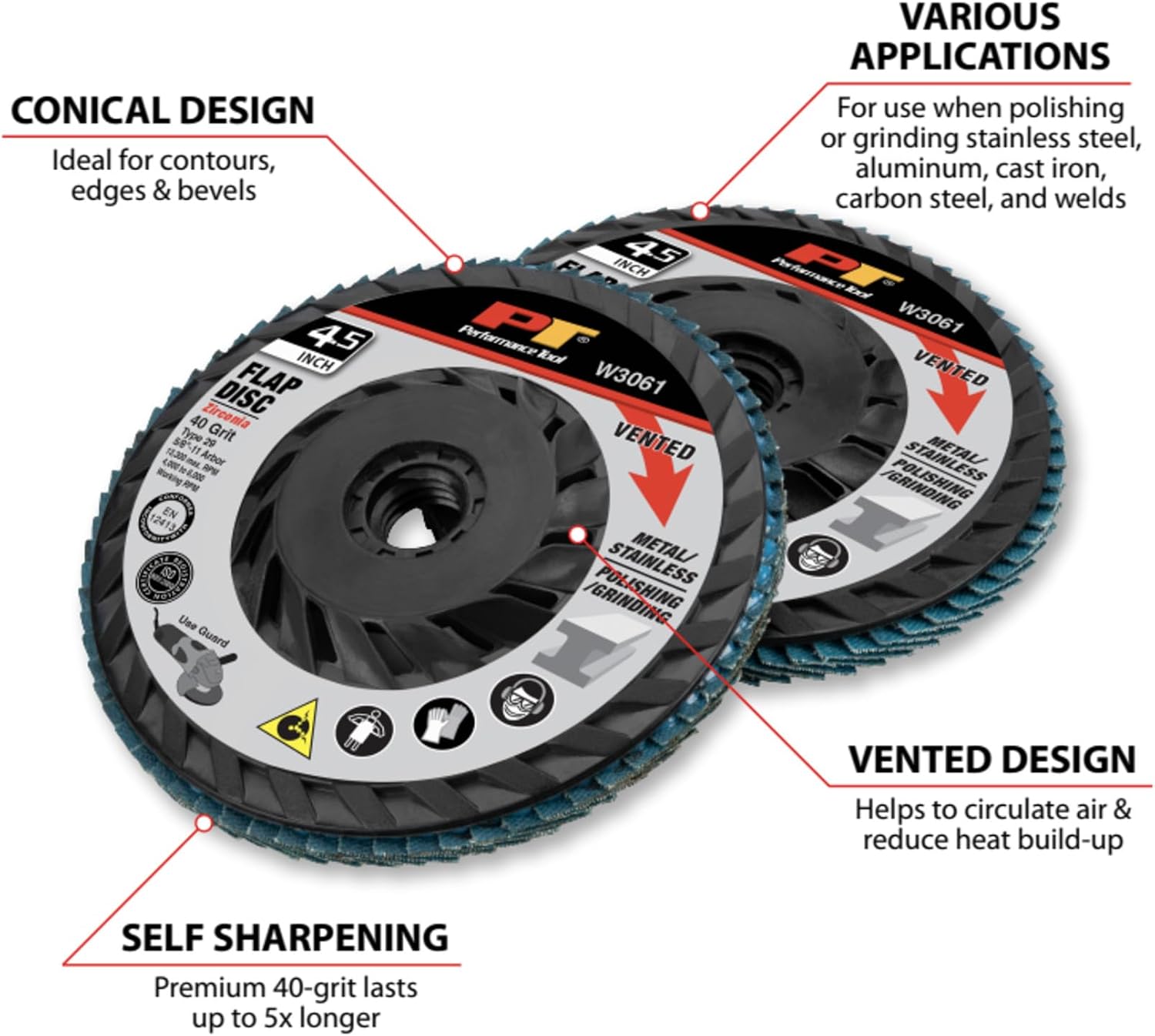 Performance Tool W3061 2 Pc. 4.5" Vented 40-Grit Zirconia Alumina Flap Discs - Grinding, Weld Cleaning, Polishing, Ventilated, Gray