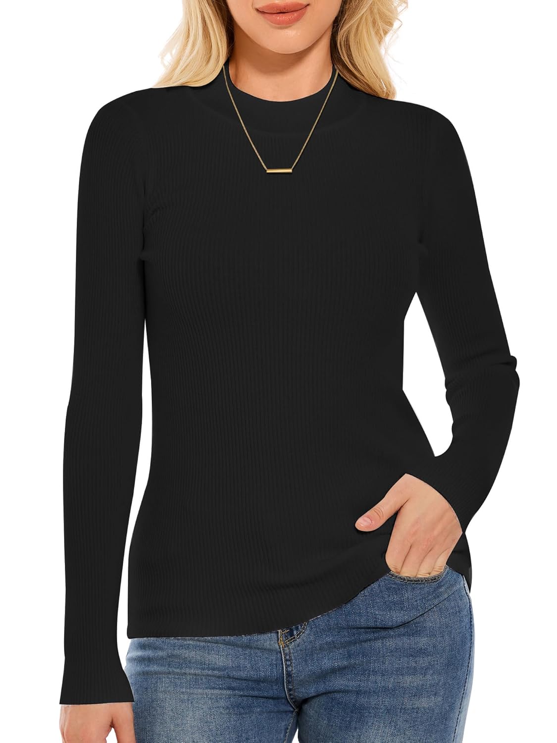 Womens Long Sleeve Mock Neck Sweater Ribbed Knit Top Mock Turtleneck Pullover Casual Fitting Jumper Sweater Top