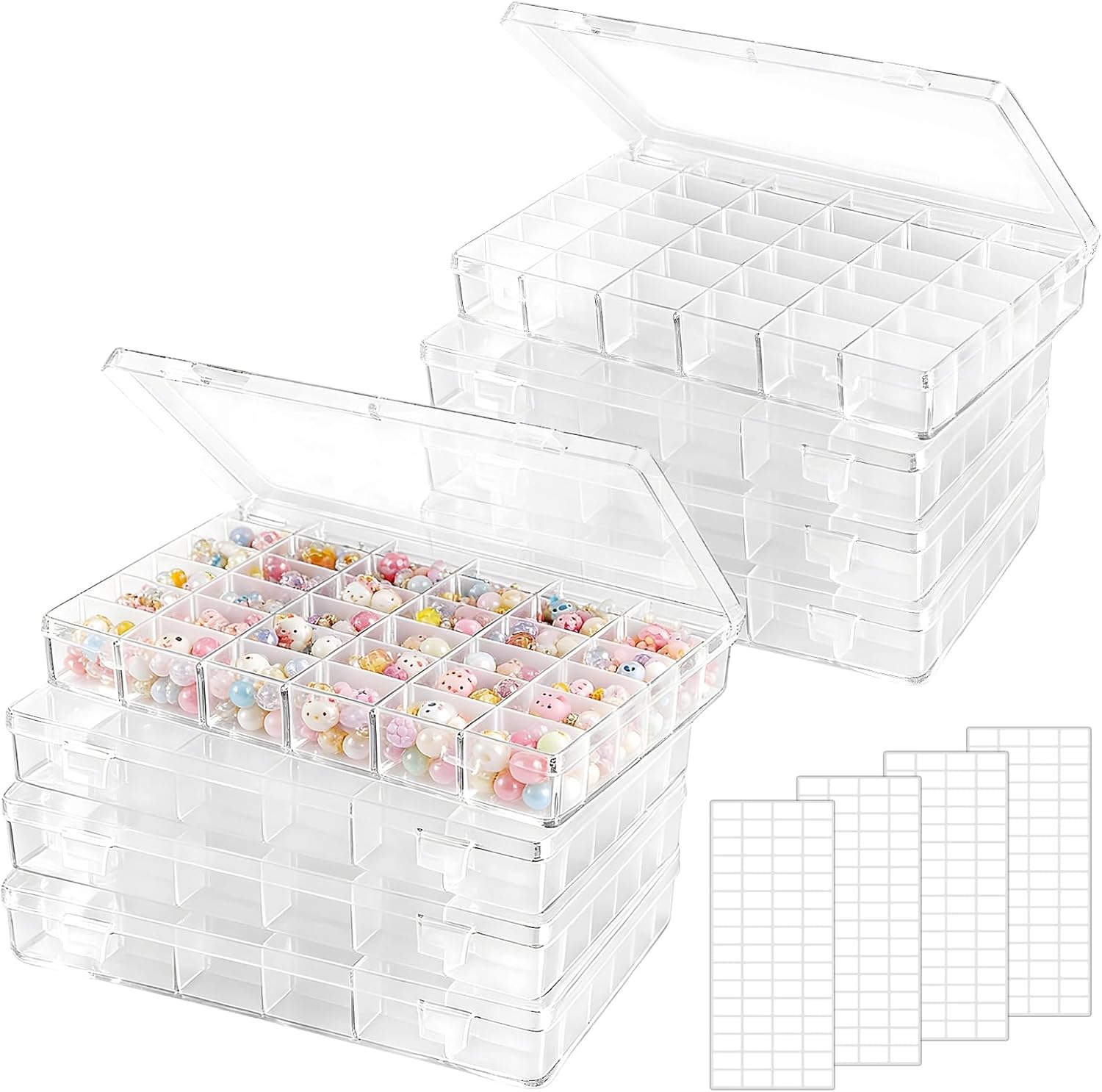 8 Pcs Jewelry Bead Organizer Box, 36 Grids, Clear Plastic Storage Case with Dividers & Labels, 10.8 X 6.9 X 1.7 in