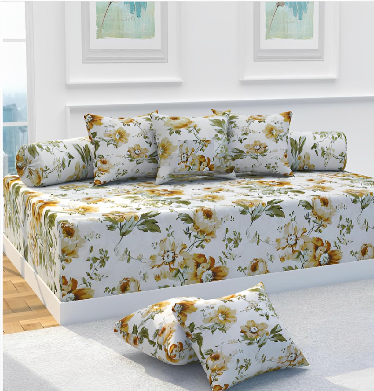 Diwan Set Covers 100% Pure Cotton 8 Pieces Designer Printed Standard Diwan Set (1 Single Bedsheet(60x90 Inch) 2 Bolster Covers(16x32Inch) 5 Cushion Covers(16x16 Inch) Rose Gold Diwan-image-46