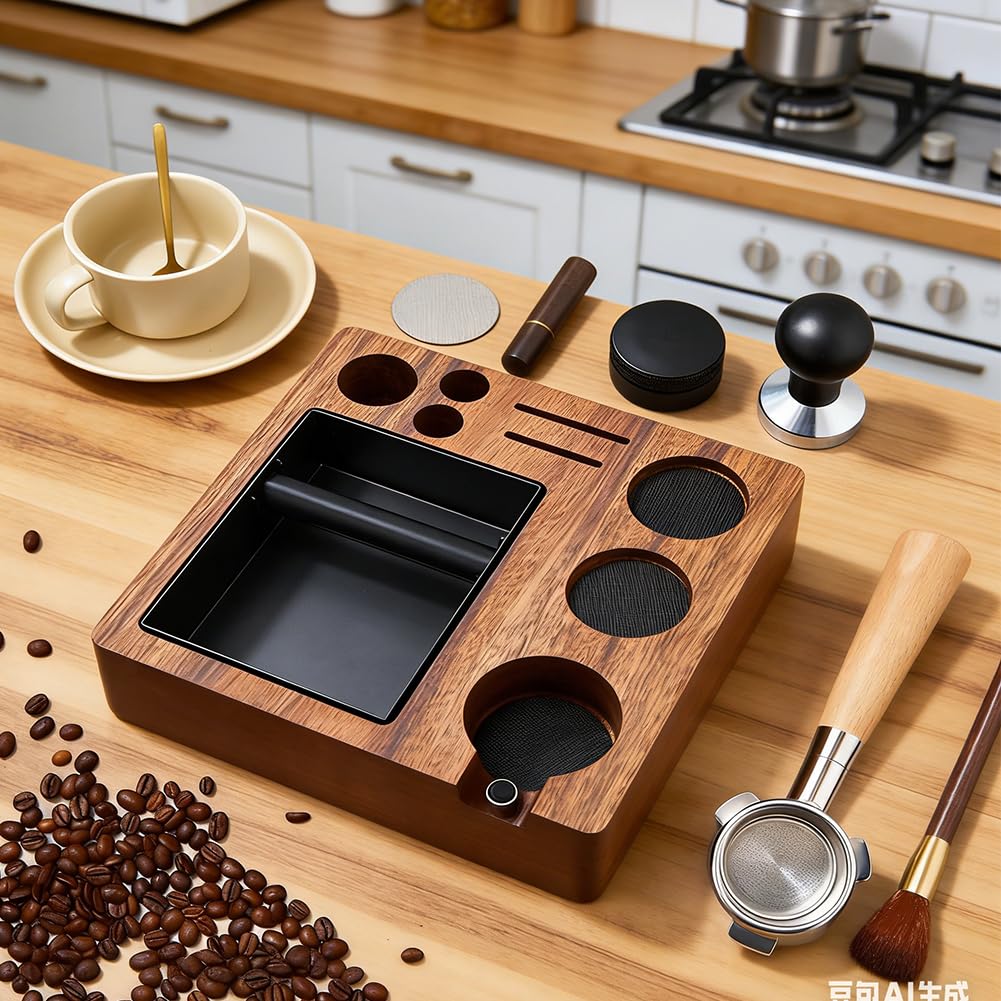 Stacja tamperowa do espresso, stacja tamperowa z drewna orzechowego do portafiltrów, stacja tampingowa do ekspresu do kawy espresso, akcesoria baristy, uchwyt tampera do organizera blatu (drewno
