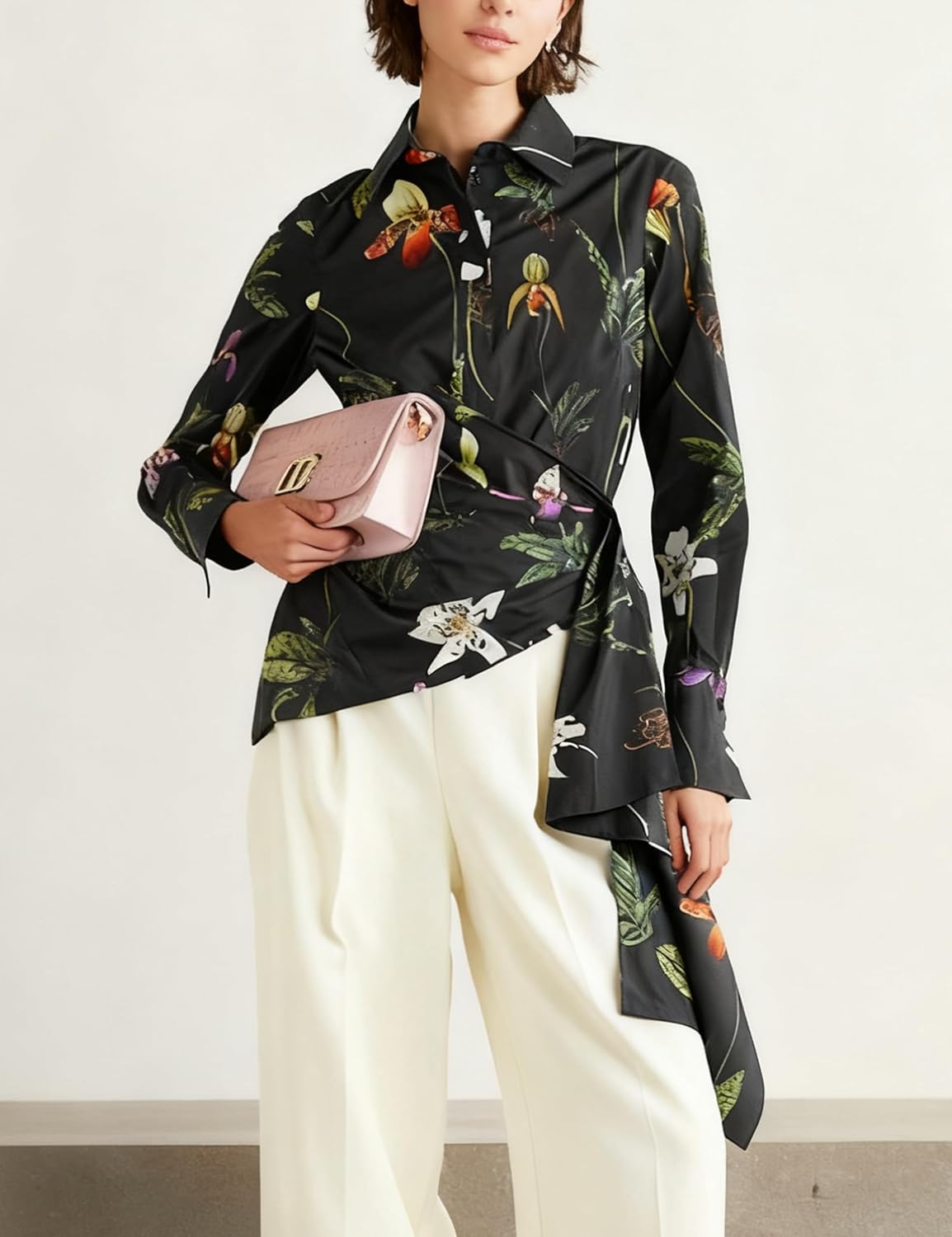 Women's Dressy Floral Long Sleeve Button Down Shirts Asymmetrical Irregular Hem Blouse Shirt Top - Image 4