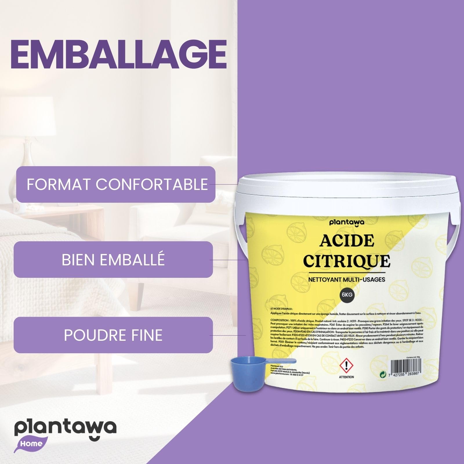 PLANTAWA Acide Citrique Powder 6kg | Acide citrique poudre menager pour la cuisine, la salle de bain et le jardin | 100% pur et polyvalent. Nettoyant universel