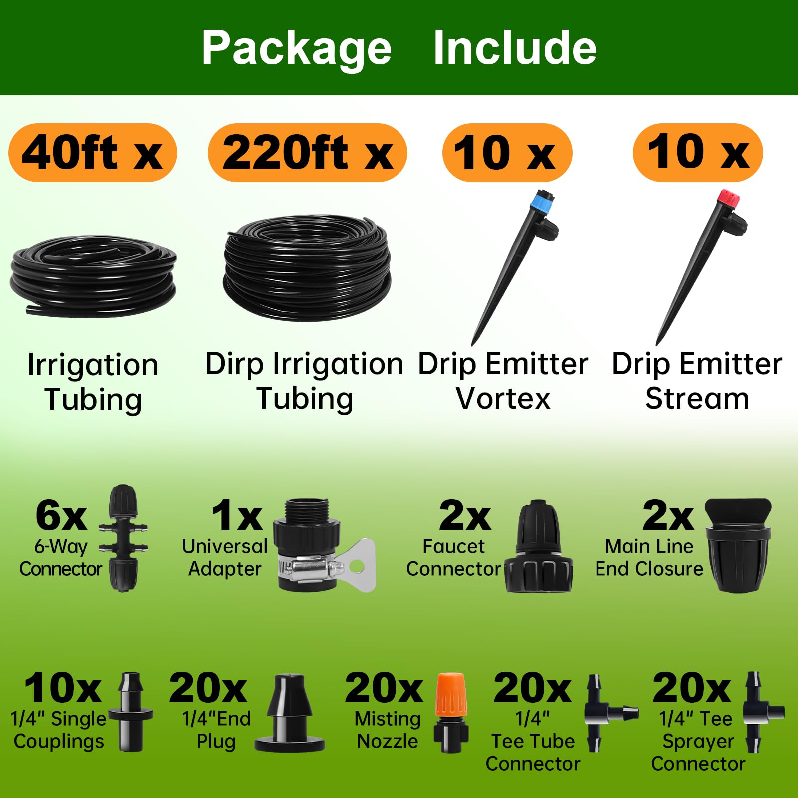 Kit di irrigazione a goccia da 60 m, sistema di irrigazione automatico da giardino con tubo da 1/2" e 1/4" per serra, prato, aiuola rialzata, sistema di irrigazione micro nebulizzazione per piante