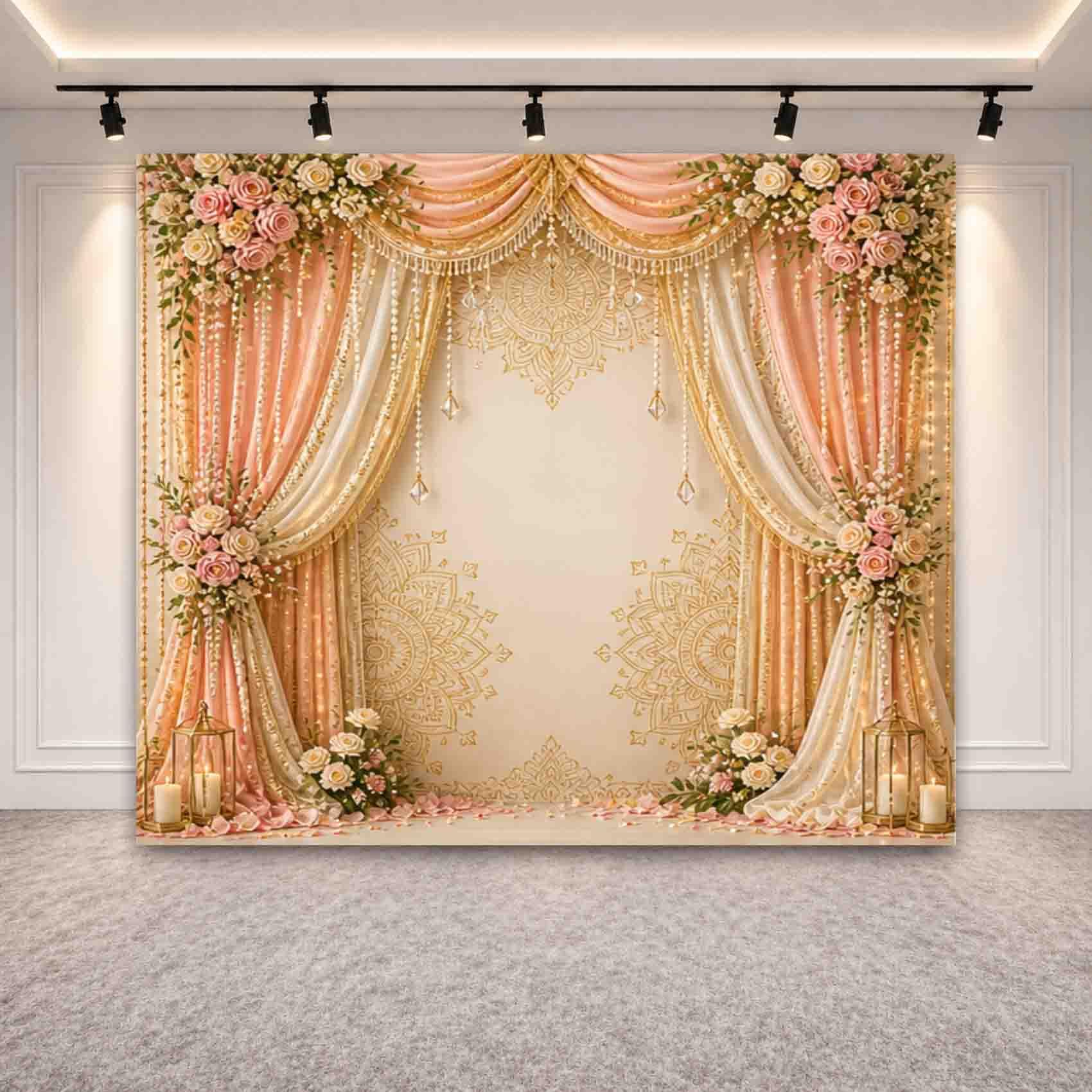 UL Rose Gold Curtain Backdrop Cloth 8x8 ft – HD Printed Polyester Pooja Mandap Decoration Background with Curtain Rod Loop |-image-19