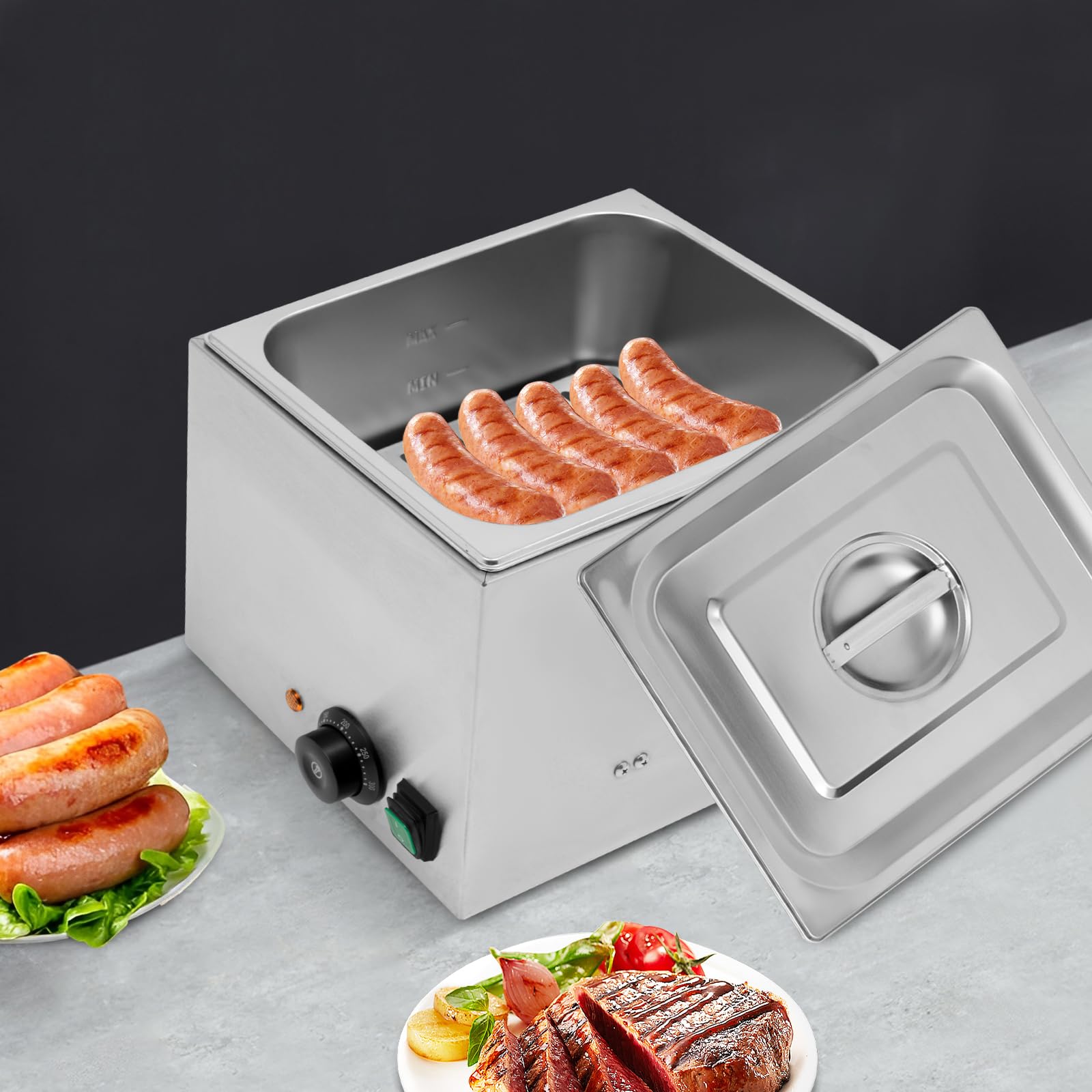 Chauffe-saucisses électrique 220 V 1300 W Hot Dog Chauffe-saucisses Chauffe-saucisses Hot Dog, capacité 10 l, réglable jusqu'à 300 °C, poignées de transport pratiques
