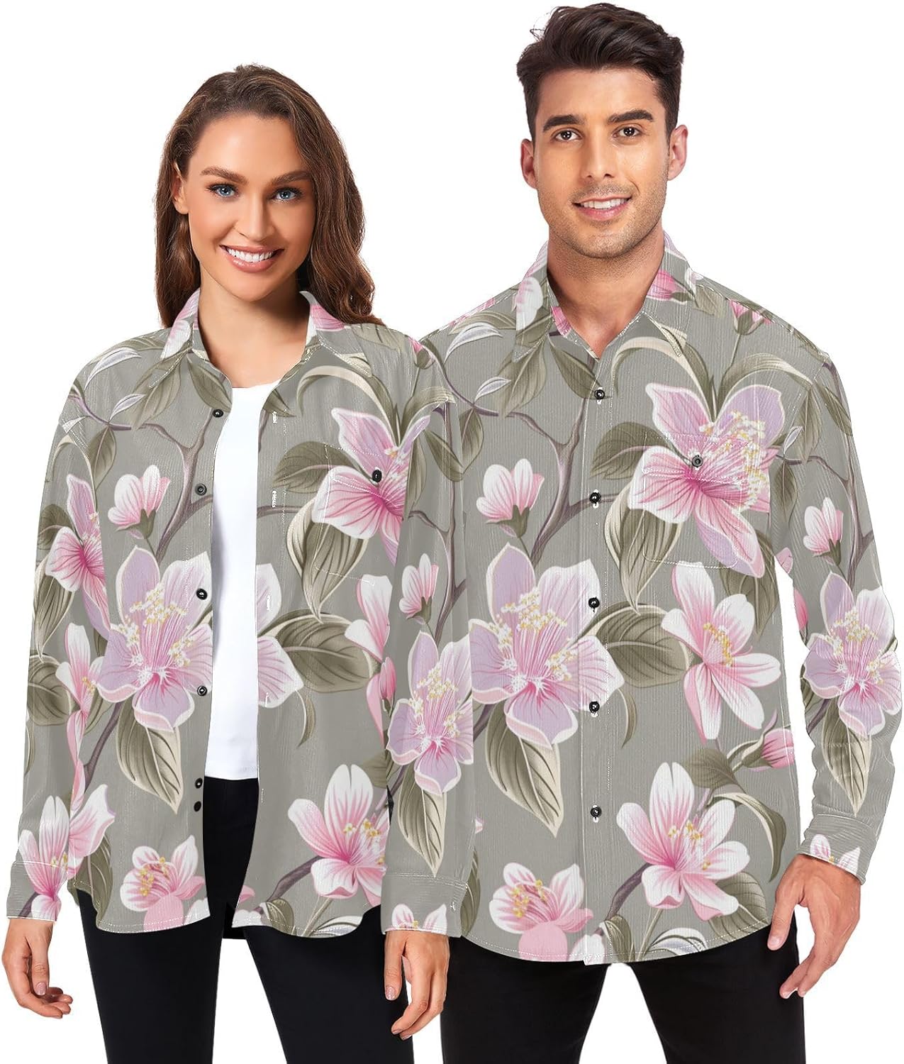 Vintage Pink Flowers Woolen Cord Fabric Mens Rugby Shirts Long Sleeve for Women Collar with Pockets
