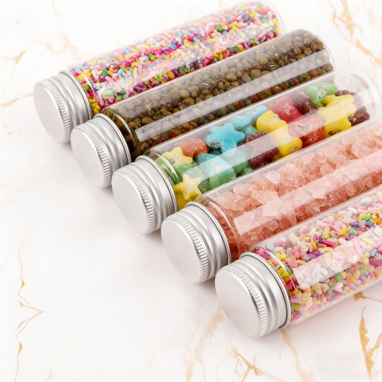 Lot de 36 tubes à essai avec bouchon à vis - 80 ml - Tubes à essai avec couvercle transparent - En plastique - Pour fleurs, bonbons, perles, plantes, sels de bain réutilisables