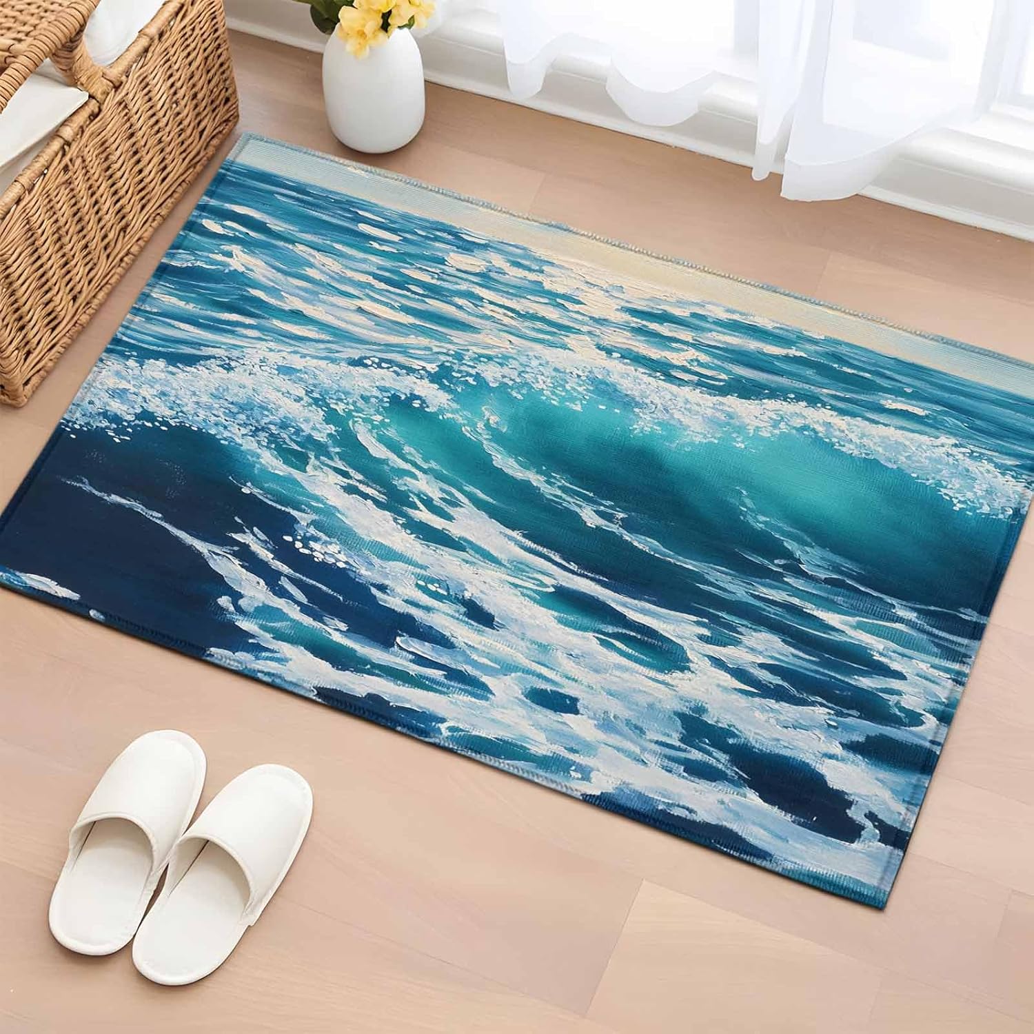 Blue Teal Coastal Bathroom Rug Washable 2x3 Entryway Rug Non Slip Sea Nautical Ocean Summer Beach Front Door Mat Low Pile Indoor Doormat Throw Floor Carpet for Kitchen Bedroom Entrance