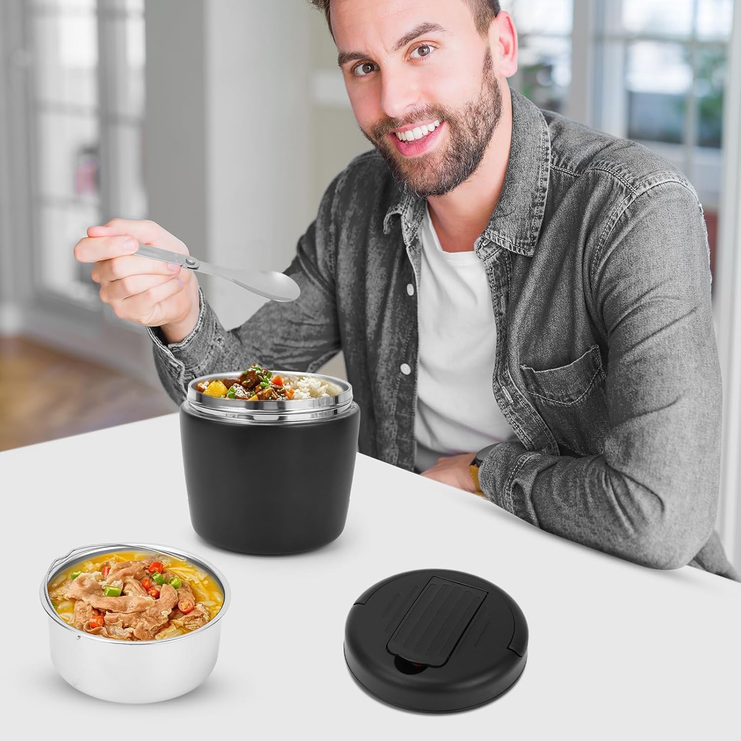 Gugxiom 1.2L 304 Stainless Steel Insulated Lunch Box, Insulated Leak-Proof Food Wide Mouth Soup Tureen with Spoon for Office Workers, Outdoor Workers