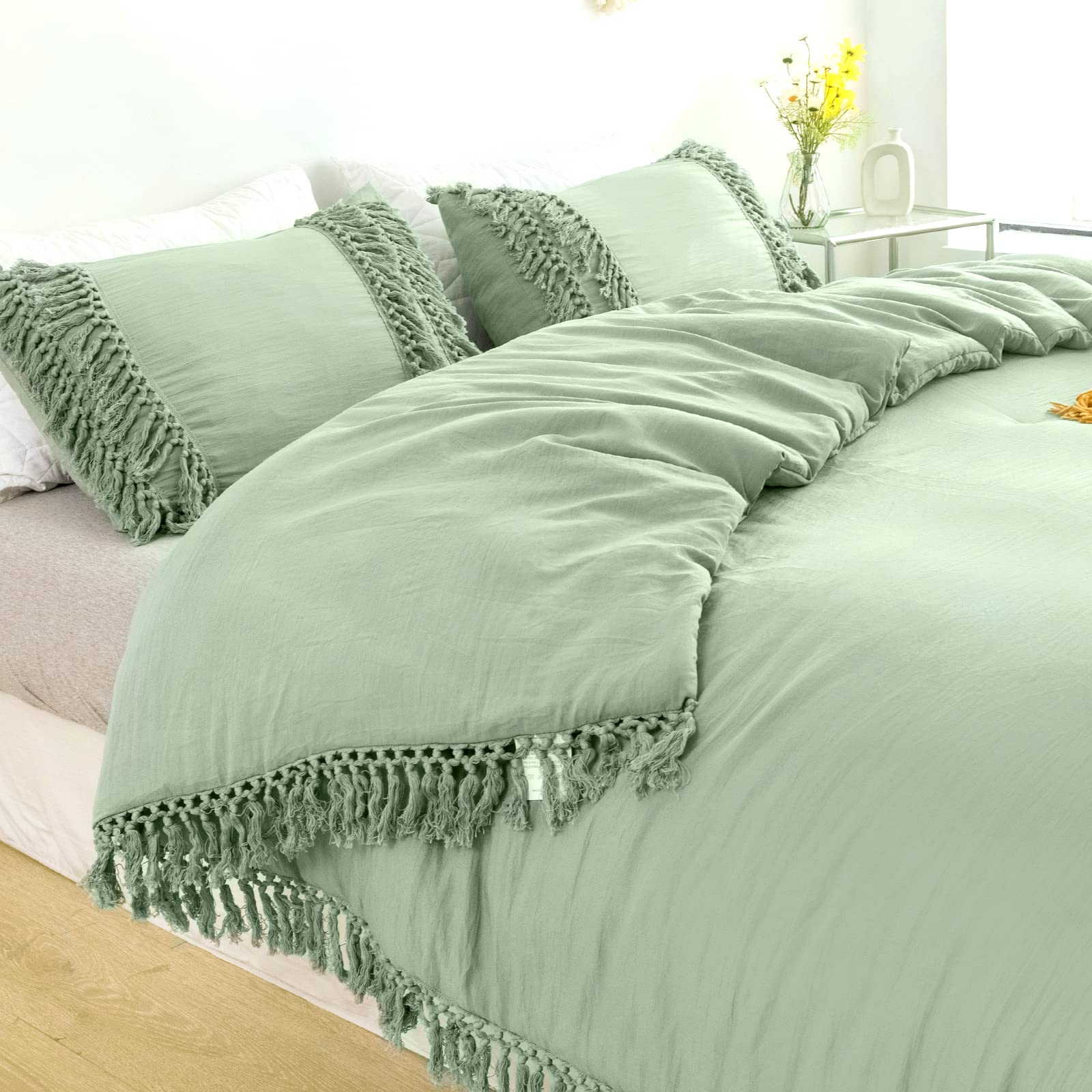 SexyTown Sage Green Boho Tassel Bedding King Comforter Sets,Fringe