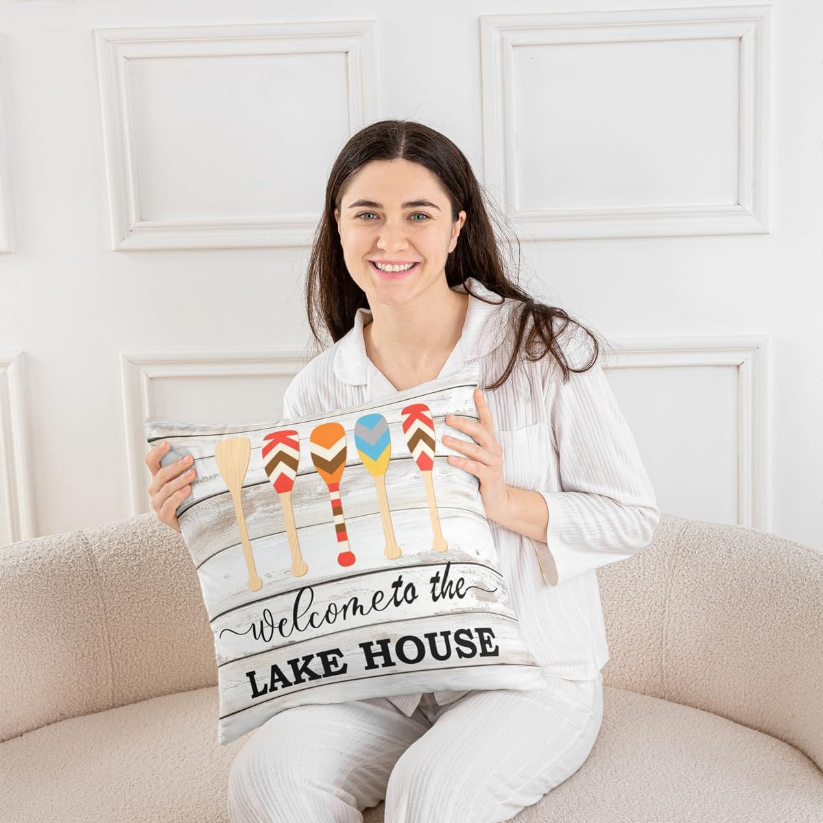 Lodge Cabin Wood Barn Rustic Style Pillow Cover 22"x 22",White Wood Panels Boating Lover Double Sides Print Pillowcase Soft Square Cushion Case,Lake House Throw Pillow Covers Pack of 2