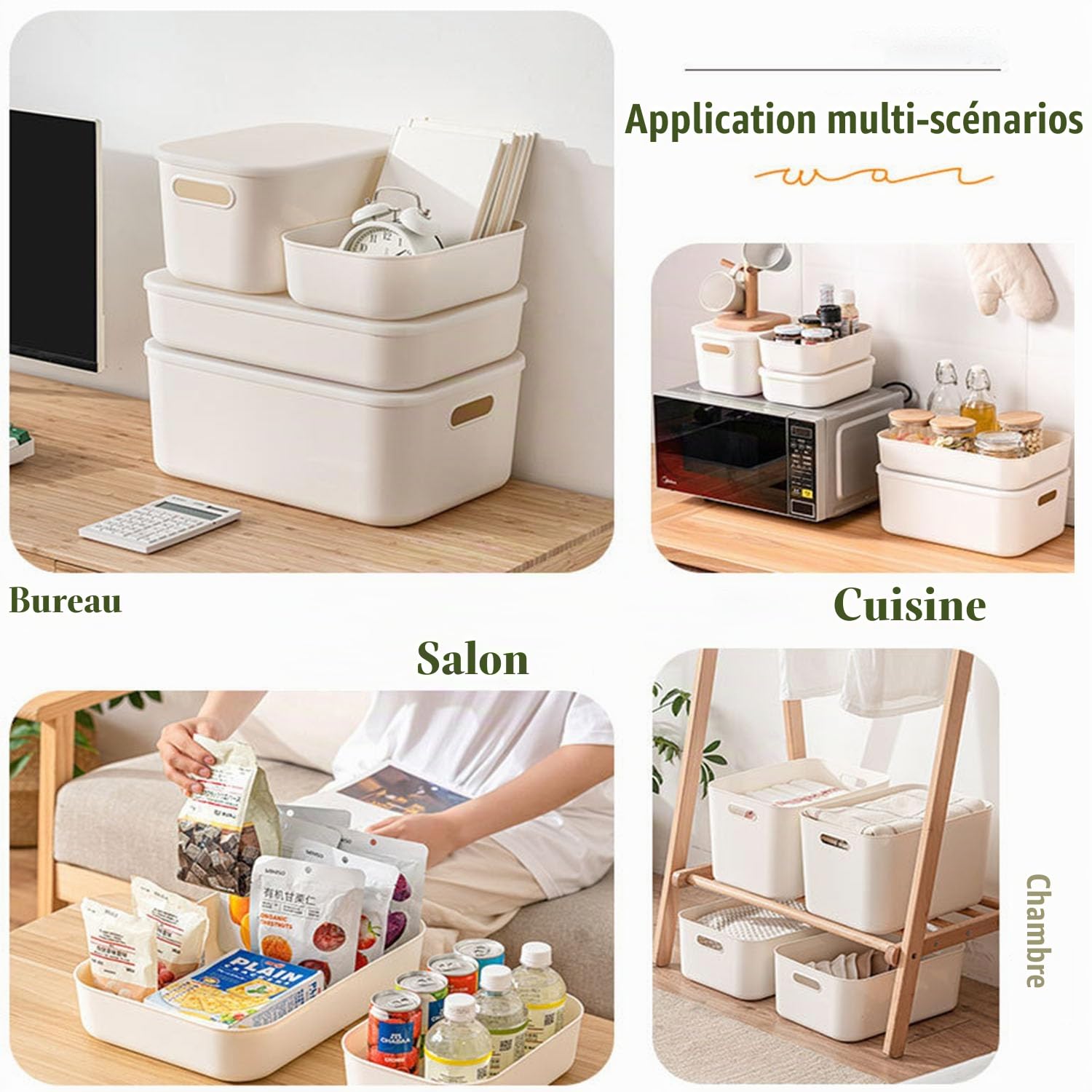 Boîte de rangement avec couvercle, 6 pièces boîtes en plastique avec poignée, paniers de rangement polyvalents, boîtes de rangement pour cuisine, salle de bain, bureau étagère (6 pièces : 2S