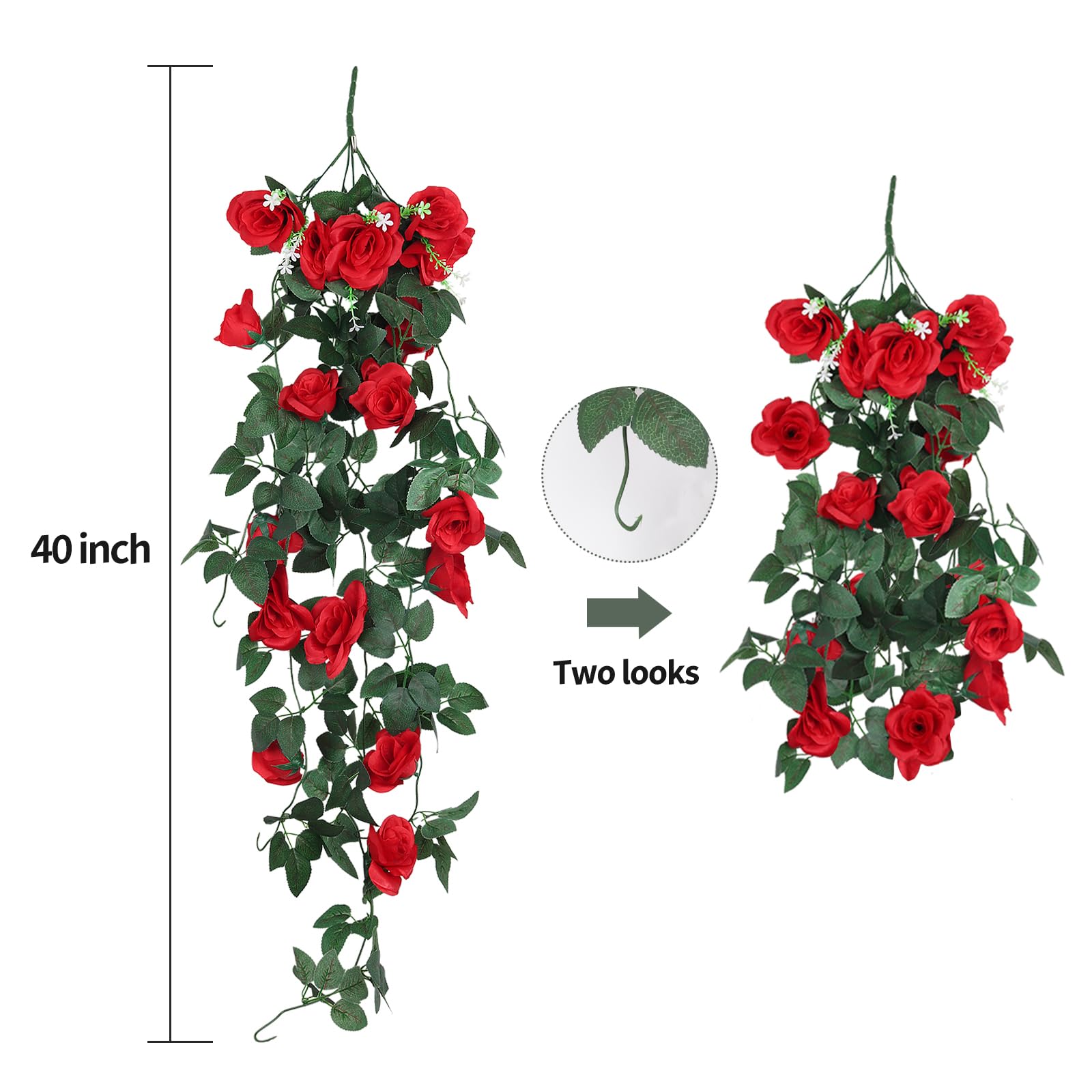 Flores colgantes artificiales, 2 unidades, 3.3 pies, flores de vid de rosas para decoración del hogar, habitación, jardín, boda, interior y exterior (rojo) 9