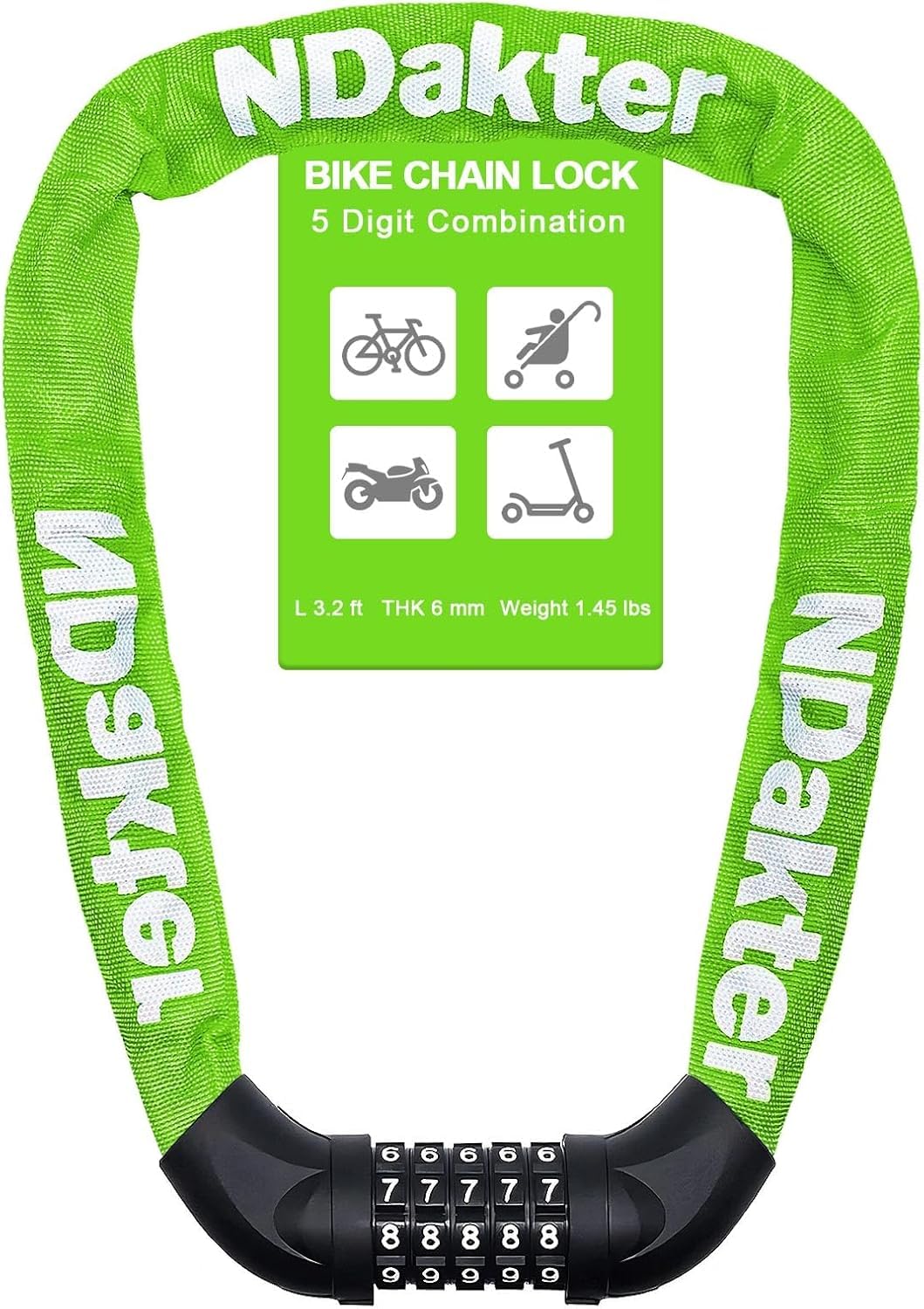 NDakter Bike Chain Lock, 5-Digit Combination Anti-Theft Bicycle Lock, 4.27 feet Long Security Resettable Bike Lock Heavy Duty for Bike, Bicycle, Scooter, Motorcycle, Door, Gate, Fence, Green