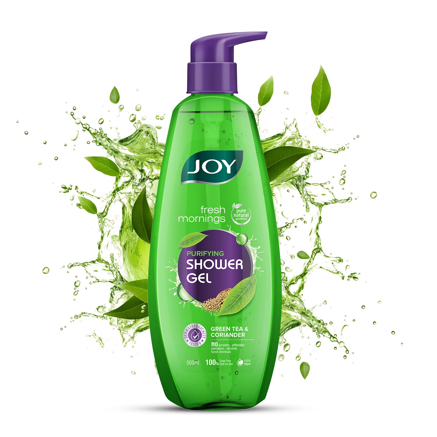 Joy Green Tea Shower Gel Body Wash (500 ml) | With Skin Purifying Green Tea & Detoxifying Coriander for Day Long Freshness |100% Vegan Soap Free Shower Gel For All Skin Types | Paraben Free