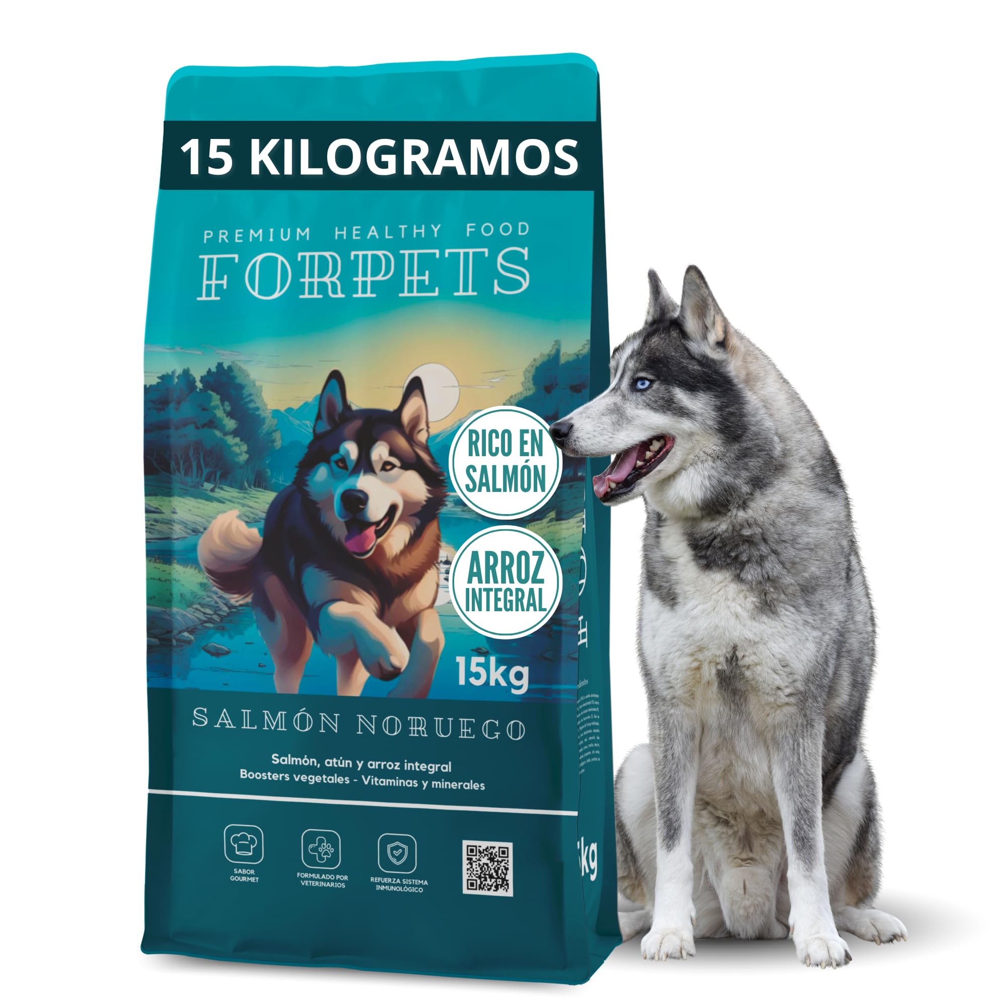 Pienso para Perros con Salmón Noruego 15 kg | Articulaciones, Piel Sensible y Pelaje Brillante | Digestión Sensible con Arroz Integral y Omega 3 | Sin Gluten Adultos Razas Medianas y Grandes | FORPETS