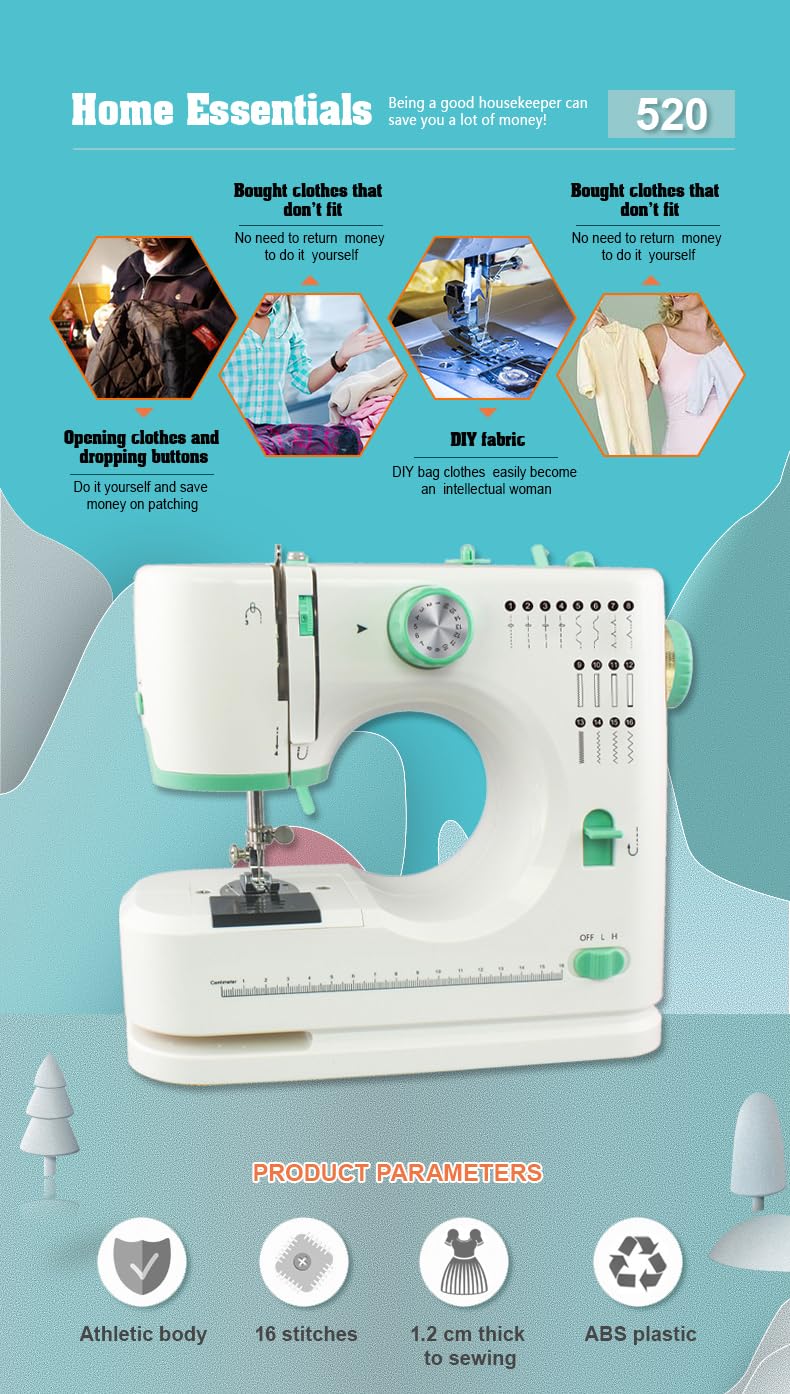 Nähmaschine für Anfänger, tragbare Mini-Nähmaschine mit 50-teiligem Stoff und 32-teiligem Nähgarn-Set, 16 integrierte Stiche, 2 Geschwindigkeiten, mit Fußpedal (Minzgrün)