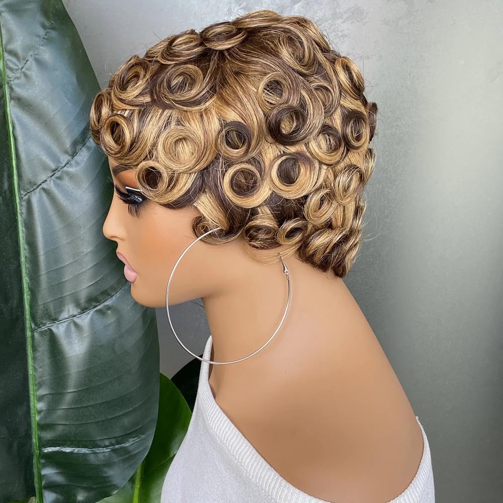 Haarpflege Highlight Perücke Aus Echthaar Mit Kurzen Locken Maschinell Hergestellt Für Schwarze Frauen(3)