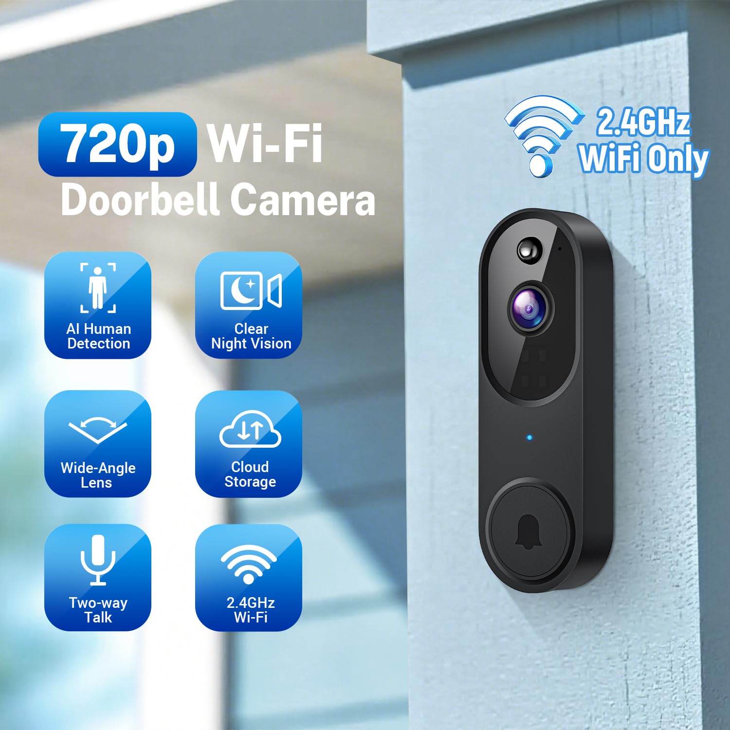 Videocitofono wireless Wi-Fi con rilevamento del movimento AI, audio a 2 vie, visione notturna, archiviazione cloud, solo Wi-Fi a 2,4 GHz, alimentato a batteria