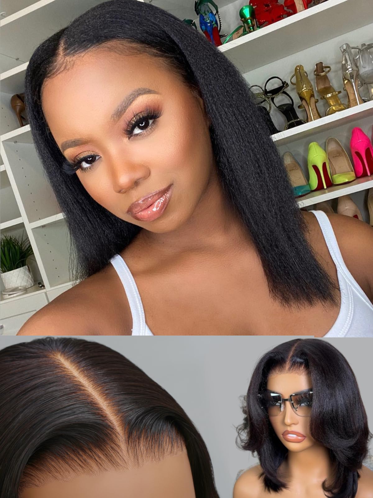 UNICE Yaki Straight Bob Human Hair Drawstring Wig Bye Bye Knots Glueless 7x5 Lace Front Wigs Human Hair Pre Plucked Pre Cut Bleached Knots Pre