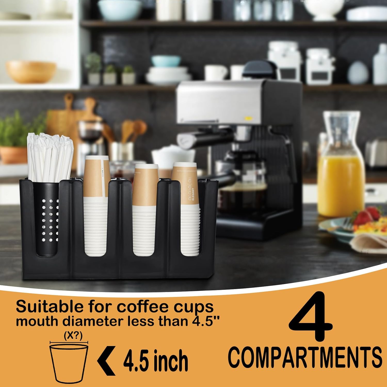 Cup Holder Lid Dispenser with Straw Organizer,4 Compartment 7 Adjusting,Disposable Paper Cup Storage Organizer for Breakroom Countertop Coffee Station Bar Restaurant Beverage Kitchen Coffee Truck