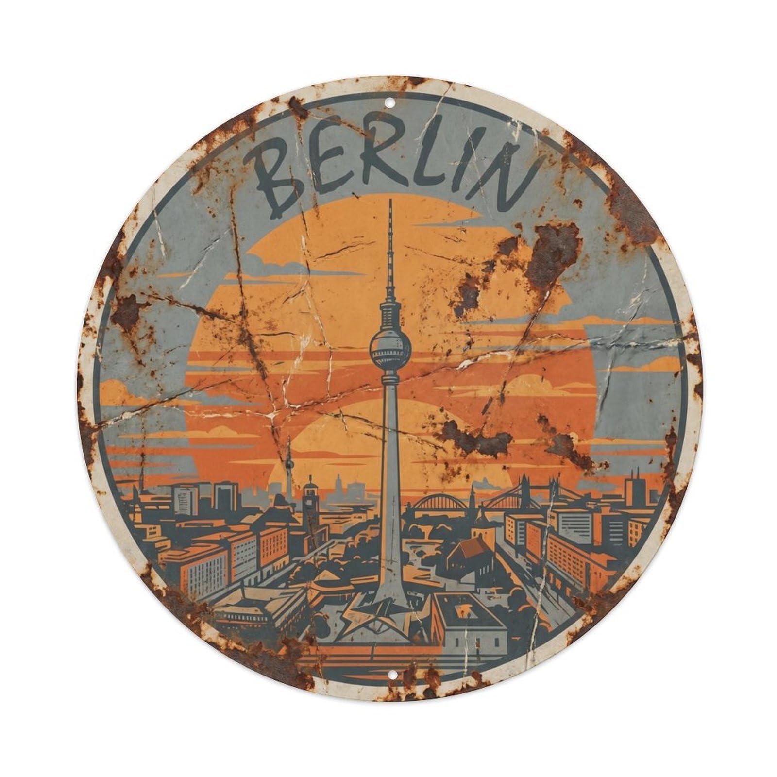 Vintage Travel Berlin Television Tower 2 Metal Tin Sign Plaque Wall Decor for Cafe, Club Bar, Office, Home Garden Round Metal Poster 8x8Inch