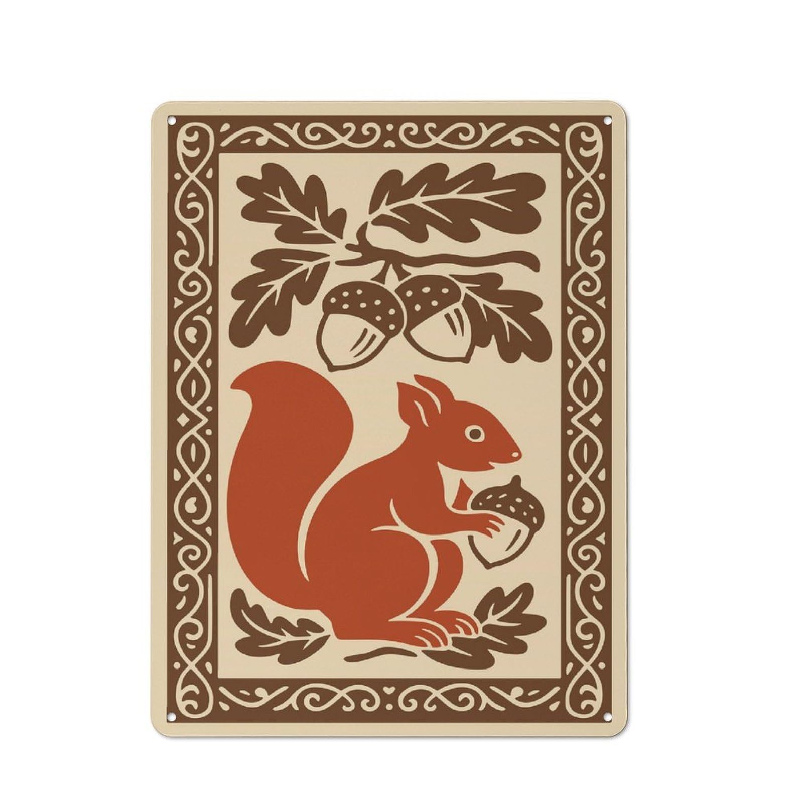Junmoney Style For Hobby Room Or Studio, Squirrel And Acorns Decorative Illustration Rustic Tin Wall Plaque 40X30cm, For Vintage Wall Decor Fans, For Metal Sign Collectors